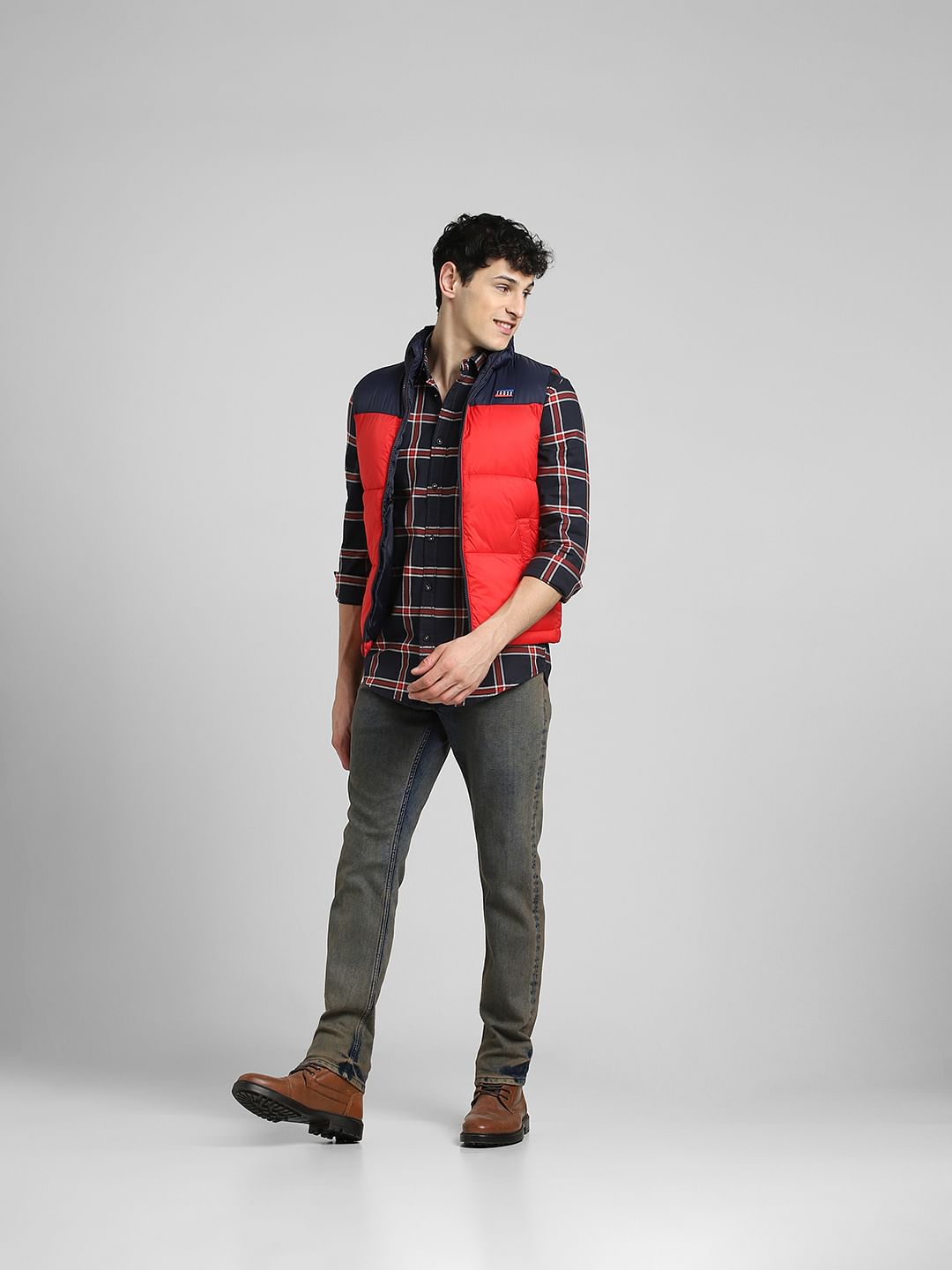 Red Colourblocked Puffer Vest Jacket