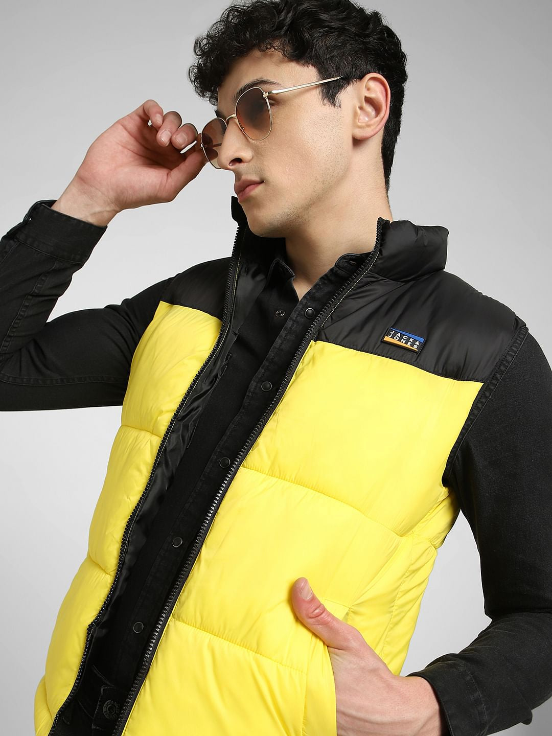 Yellow Colourblocked Puffer Vest Jacket - S