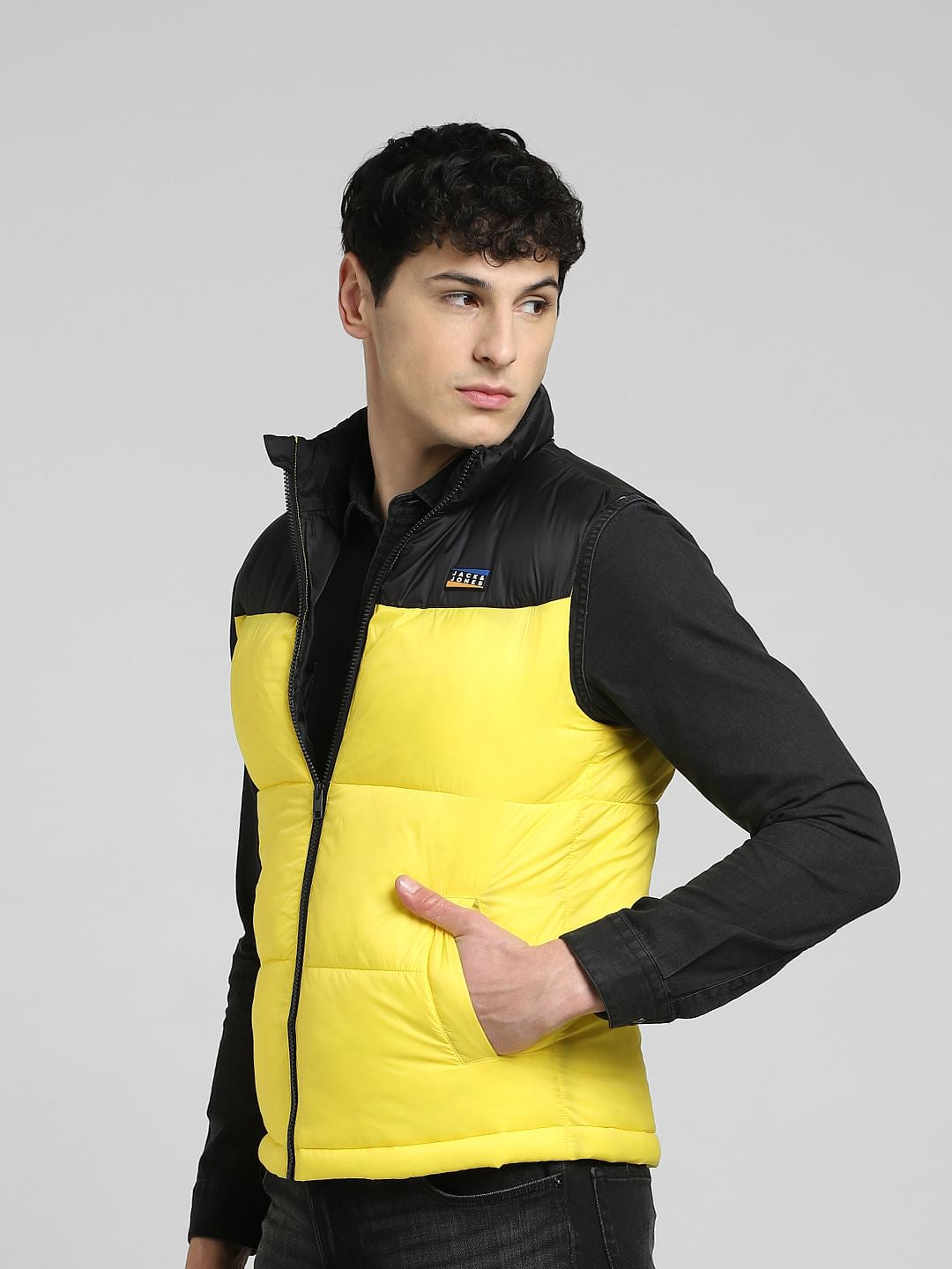 Yellow Colourblocked Puffer Vest Jacket