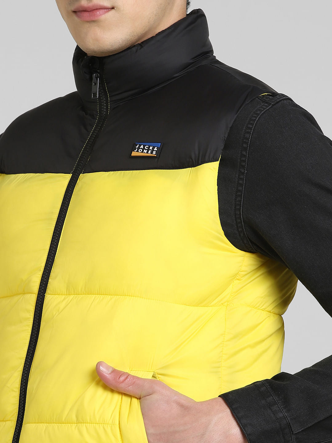 Yellow Colourblocked Puffer Vest Jacket