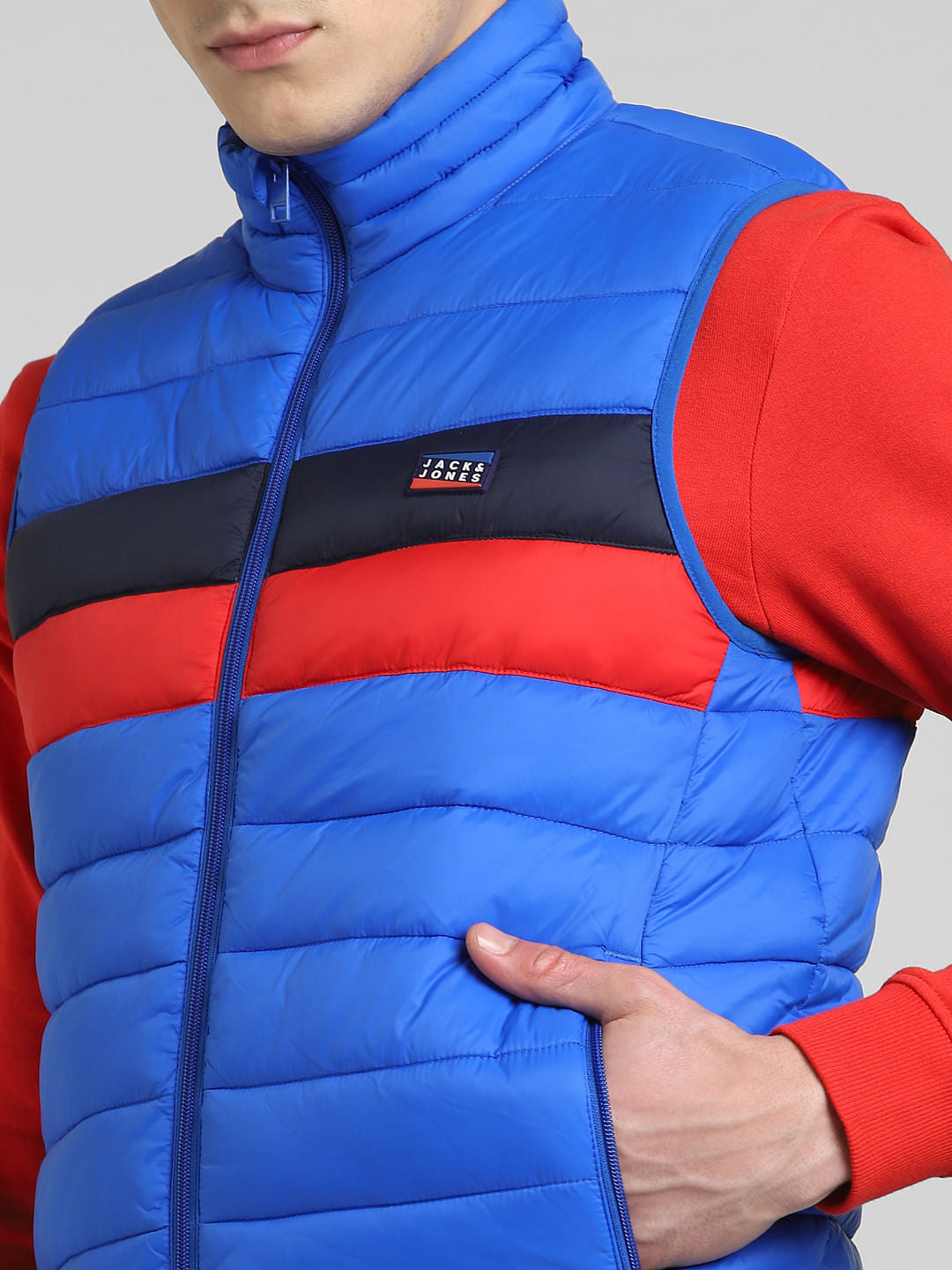 Blue Colourblocked Puffer Vest Jacket