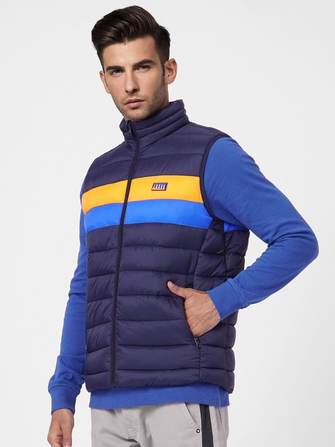 Navy Blue Colourblocked Puffer Vest Jacket