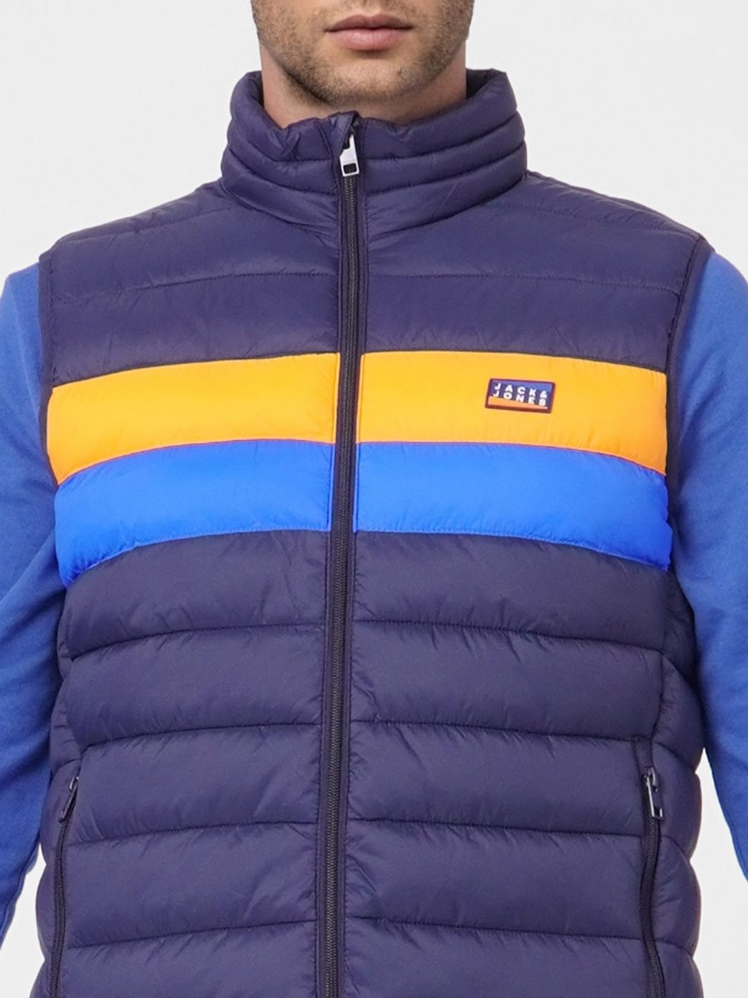 Navy Blue Colourblocked Puffer Vest Jacket