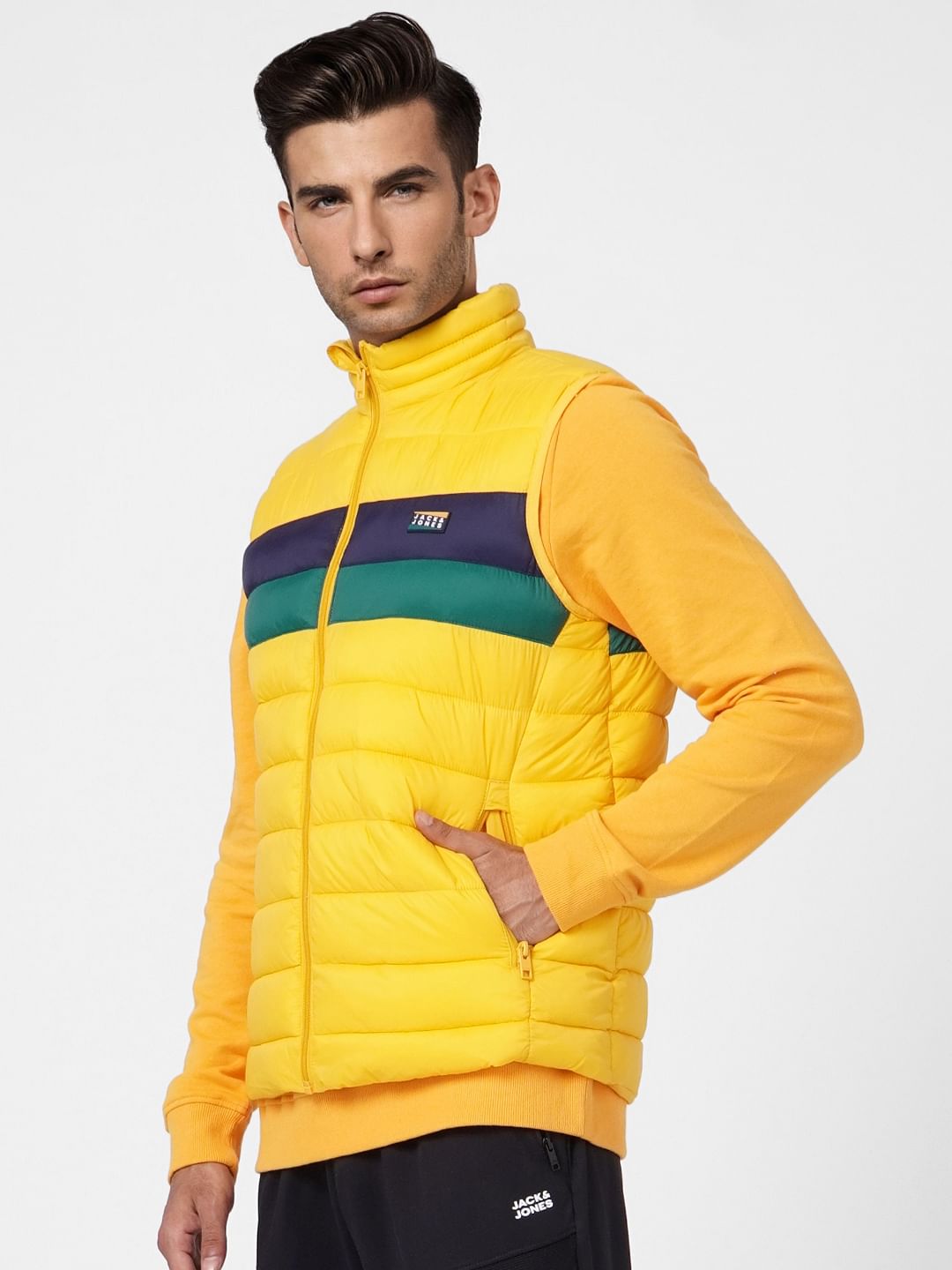 Yellow Colourblocked Puffer Vest Jacket