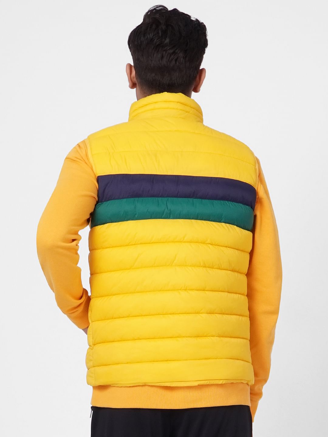 Yellow Colourblocked Puffer Vest Jacket