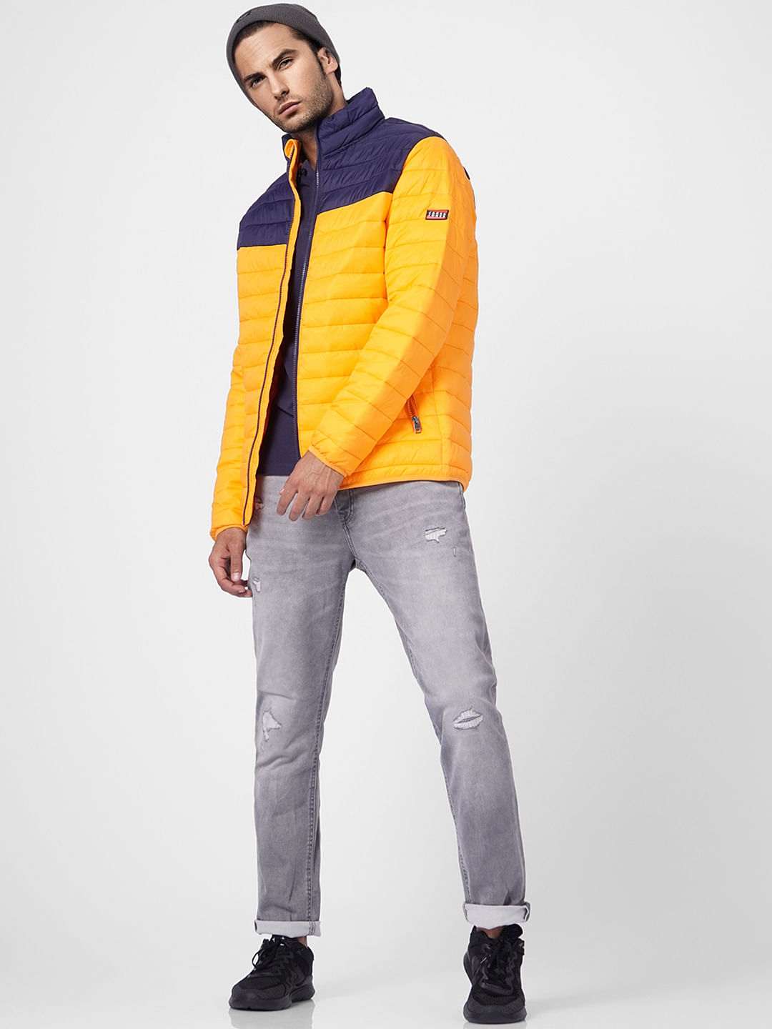 Bright Orange Colourblocked Puffer Jacket - S