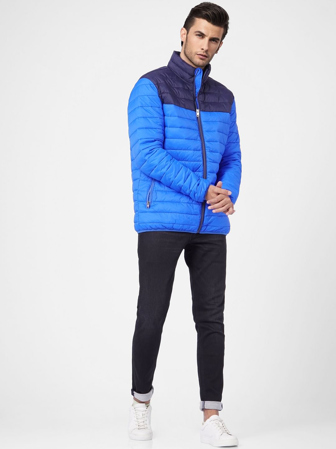 Blue Colourblocked Puffer Jacket