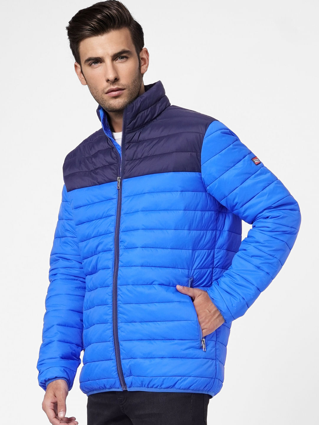 Blue Colourblocked Puffer Jacket
