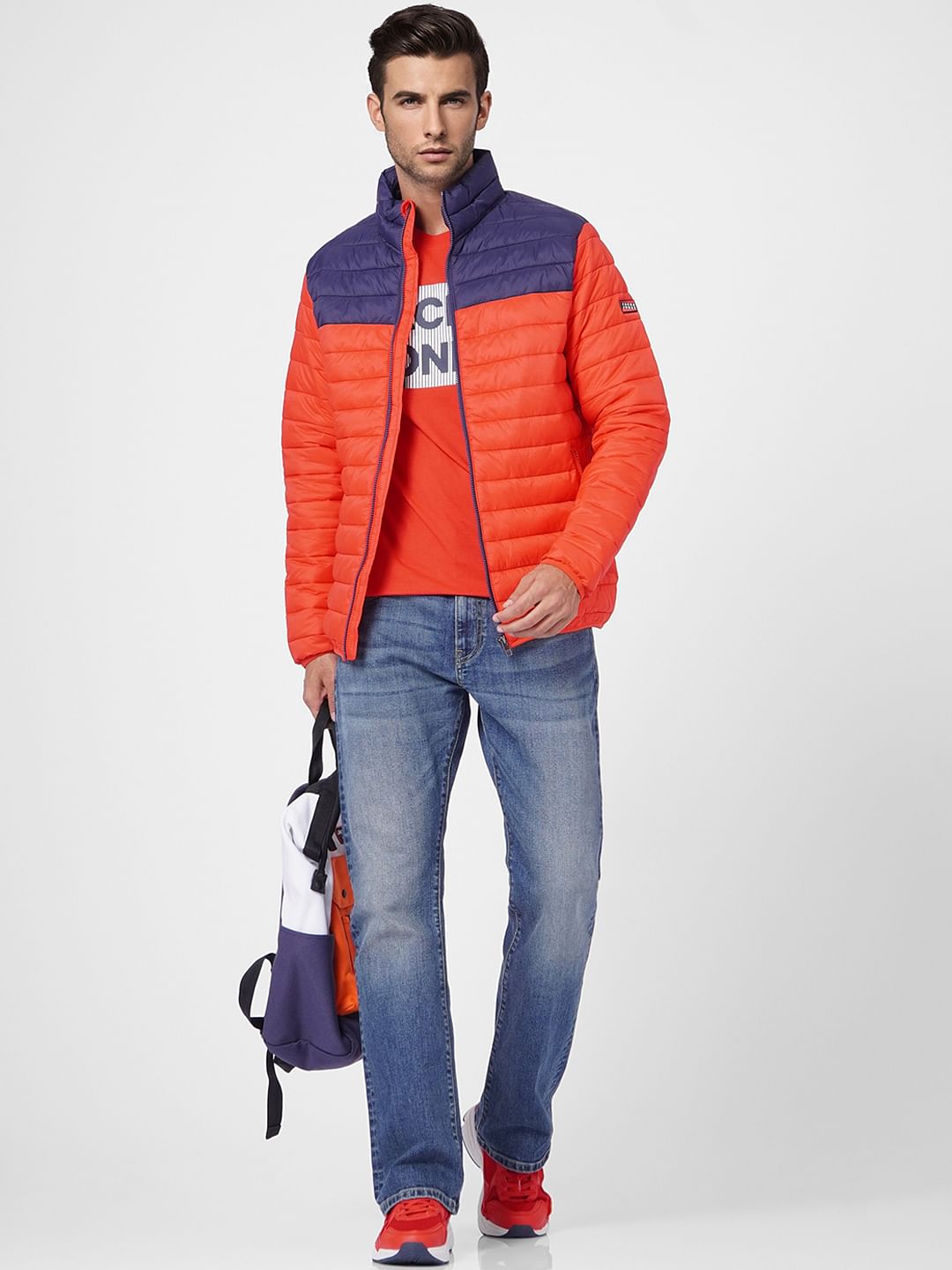 Red Colourblocked Puffer Jacket