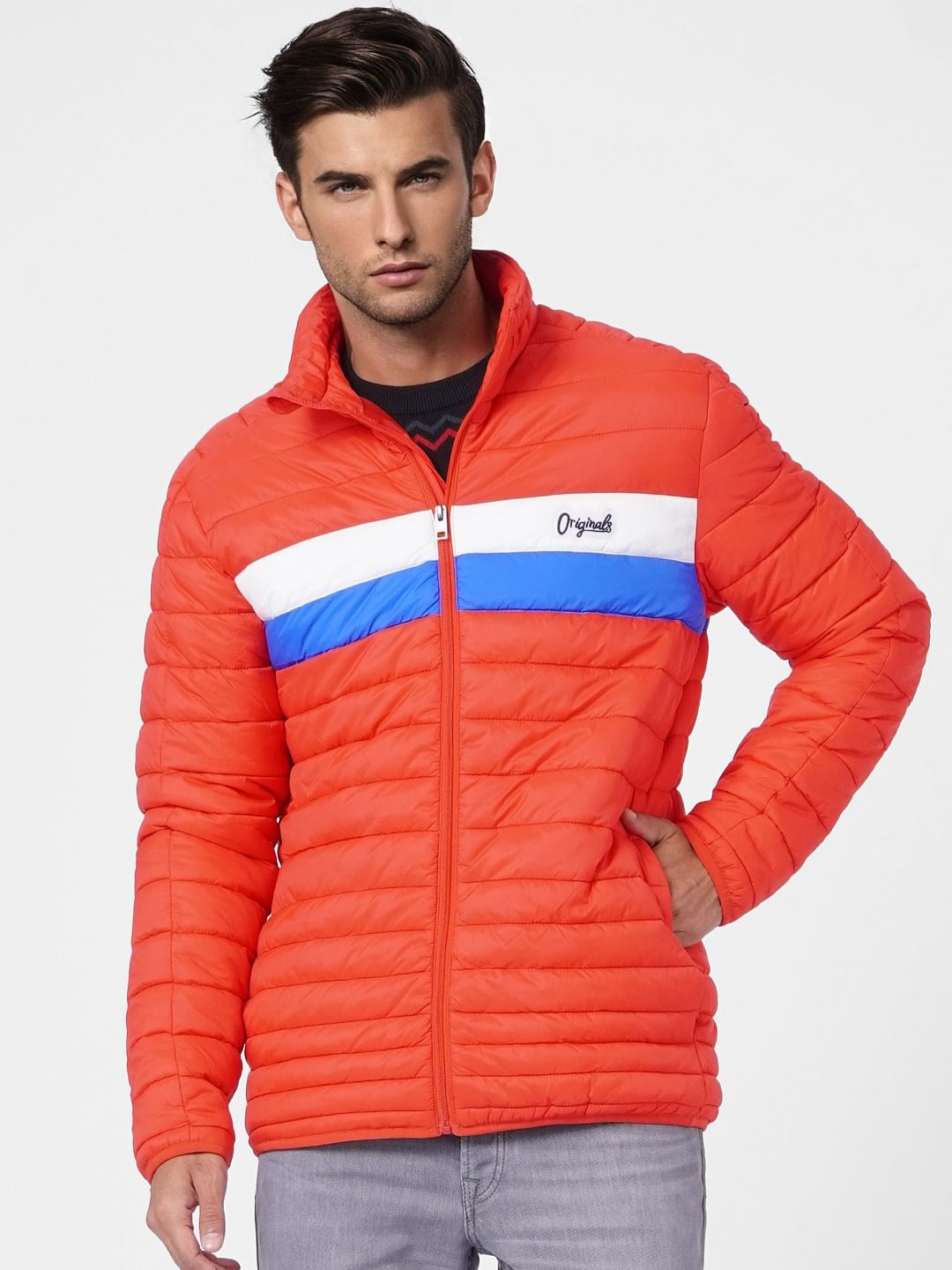 Red Colourblocked Puffer Jacket