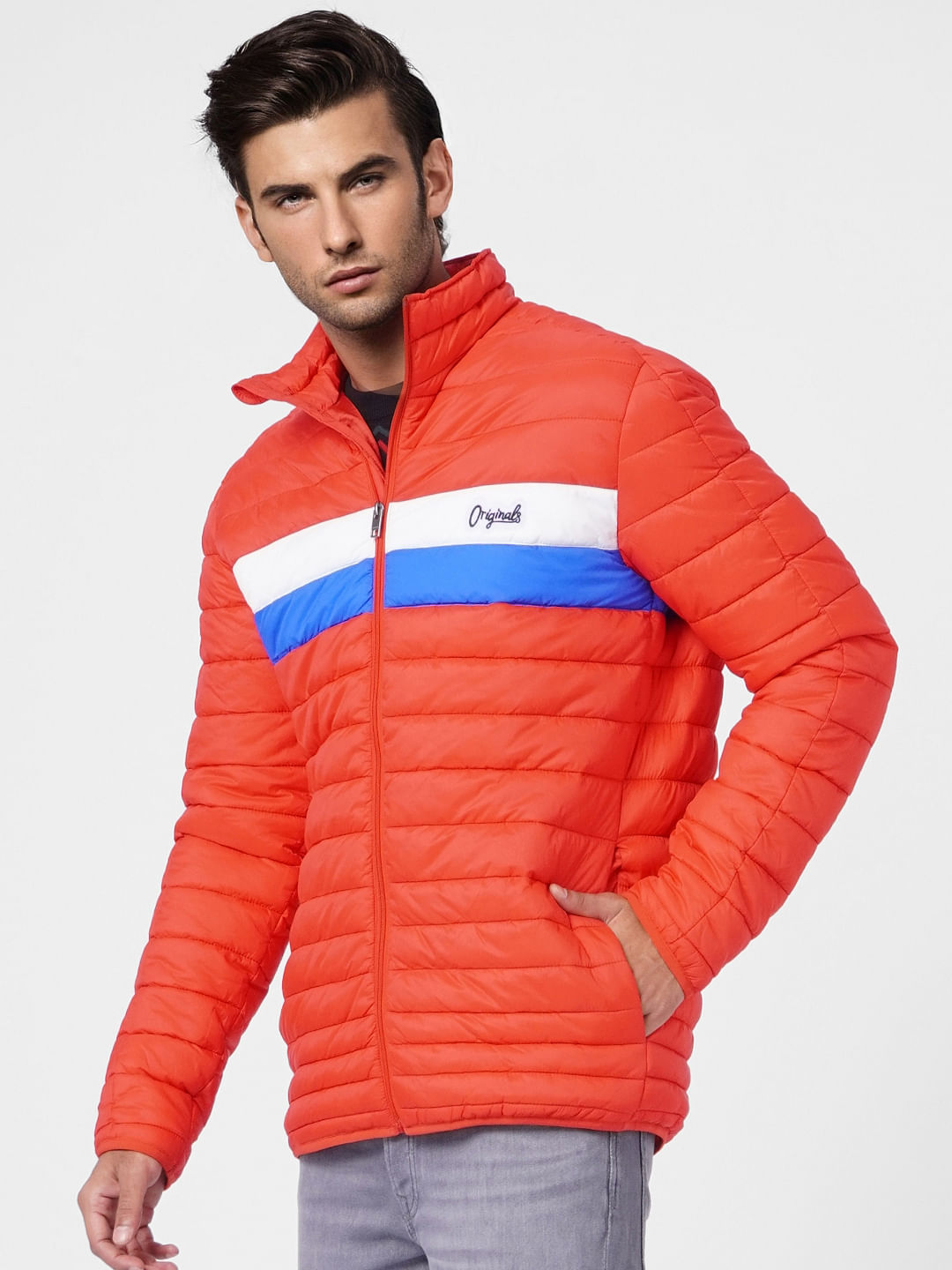 Red Colourblocked Puffer Jacket
