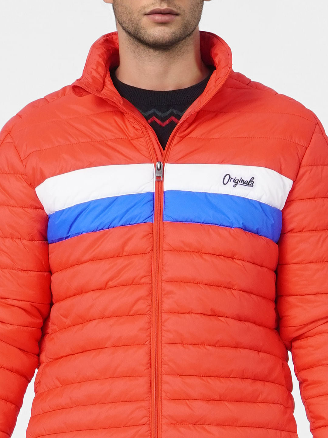 Red Colourblocked Puffer Jacket