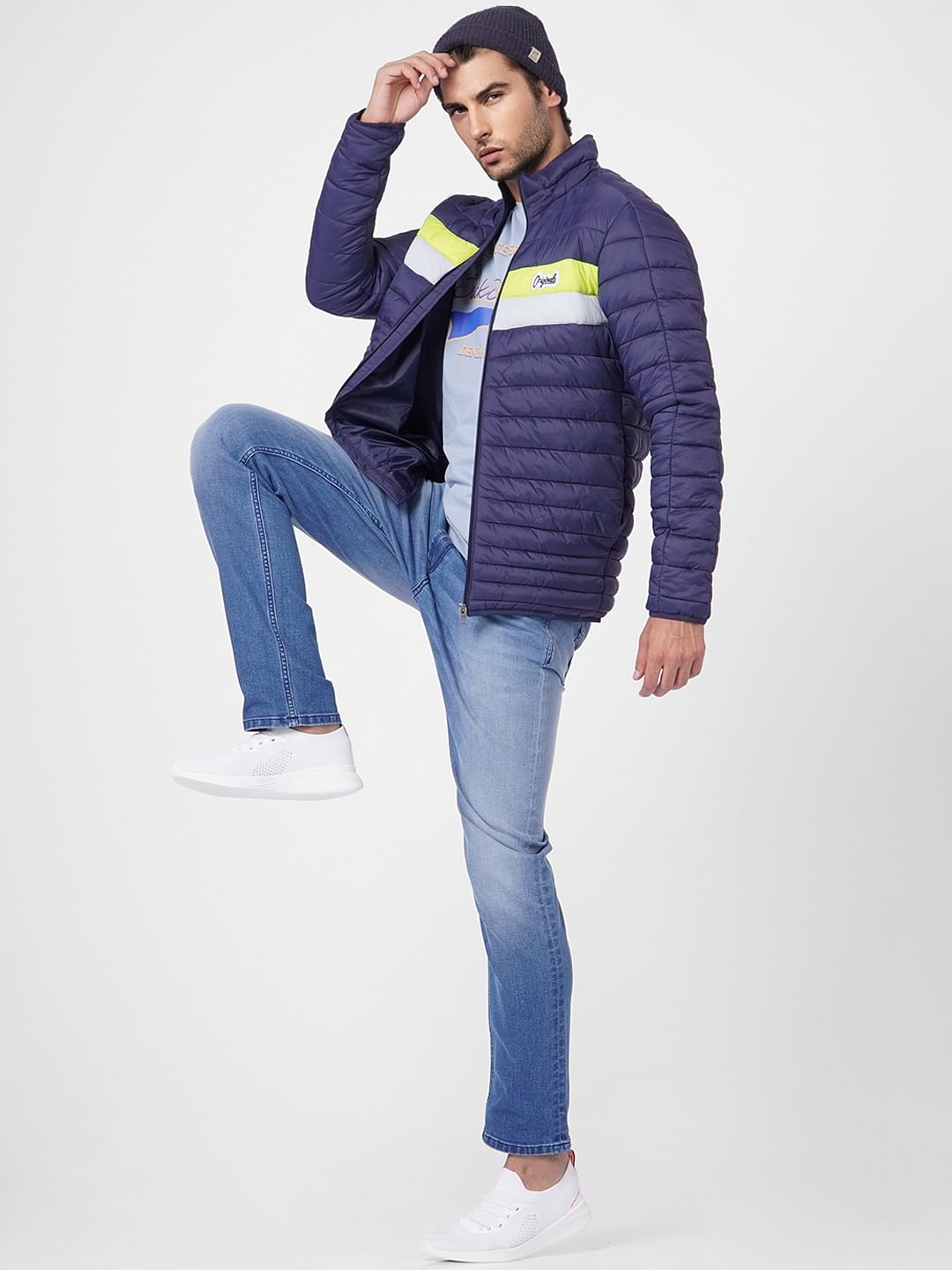Blue Colourblocked Puffer Jacket - S