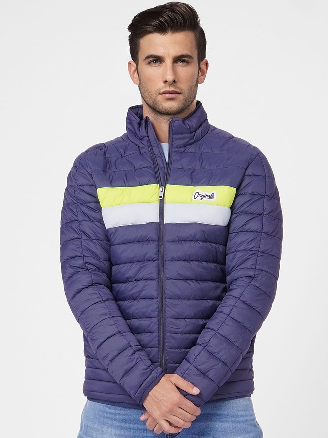 Blue Colourblocked Puffer Jacket