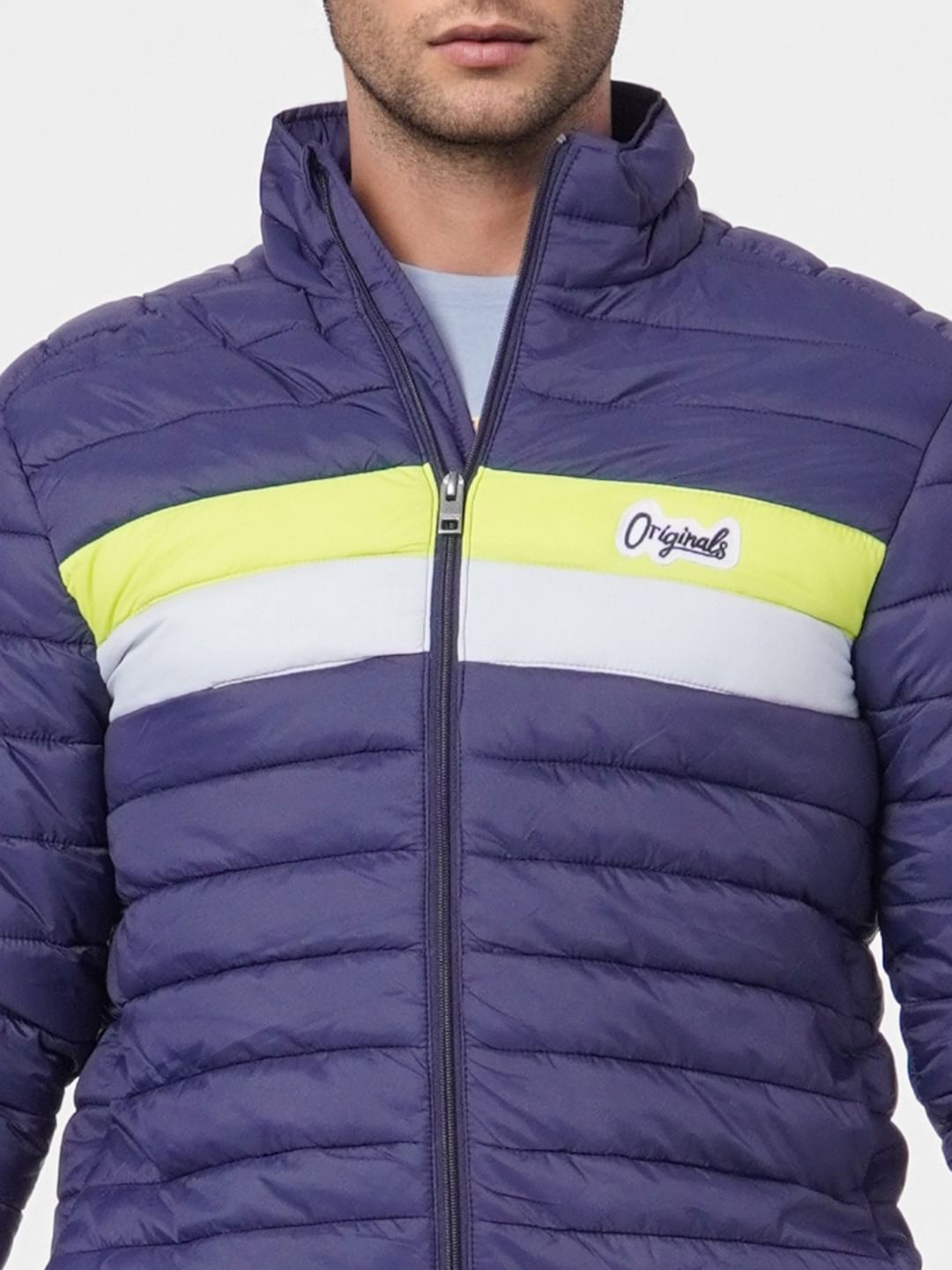 Blue Colourblocked Puffer Jacket