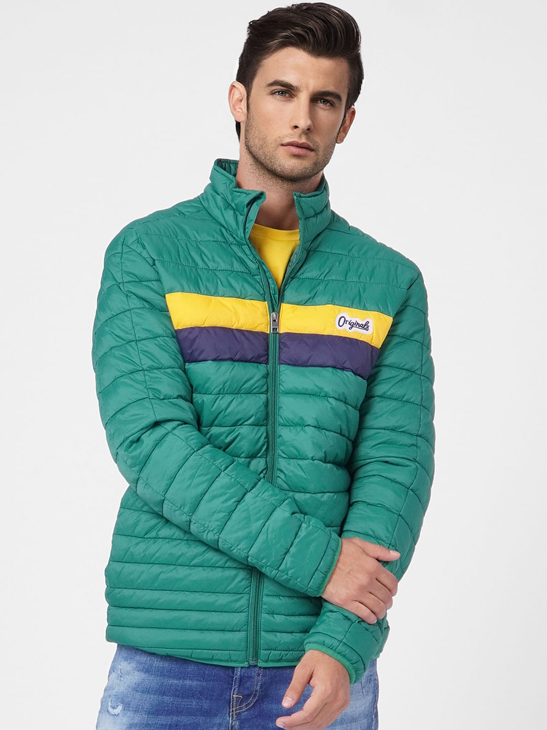 Green Colourblocked Puffer Jacket
