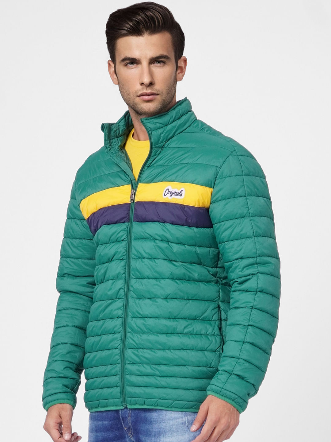 Green Colourblocked Puffer Jacket