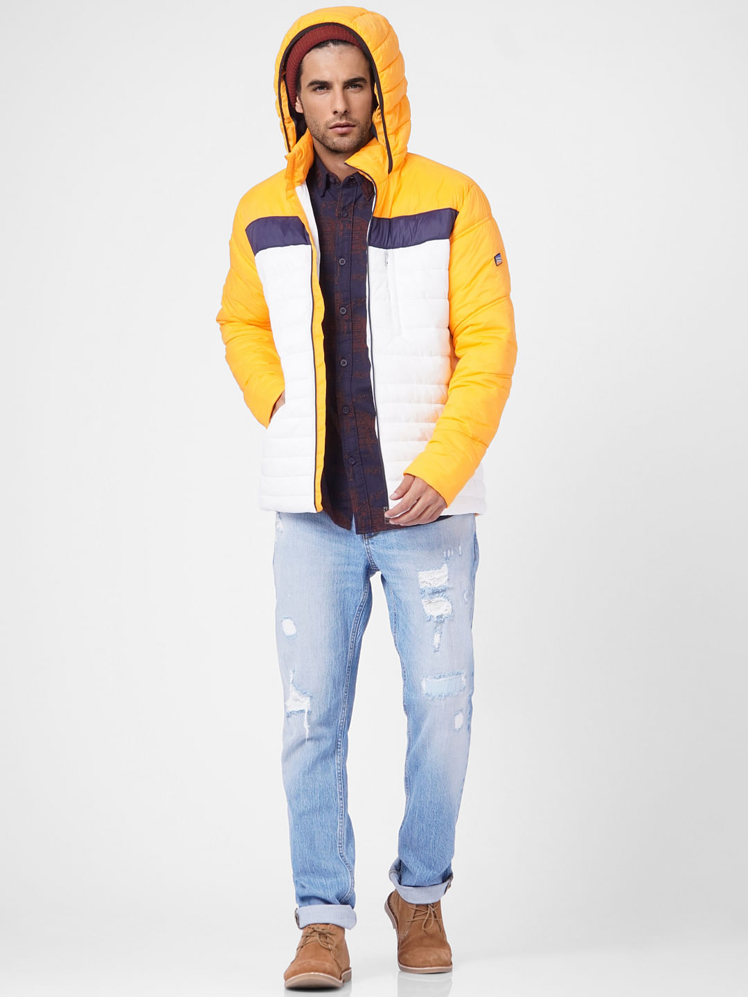 Orange Colourblocked Hooded Puffer Jacket - S