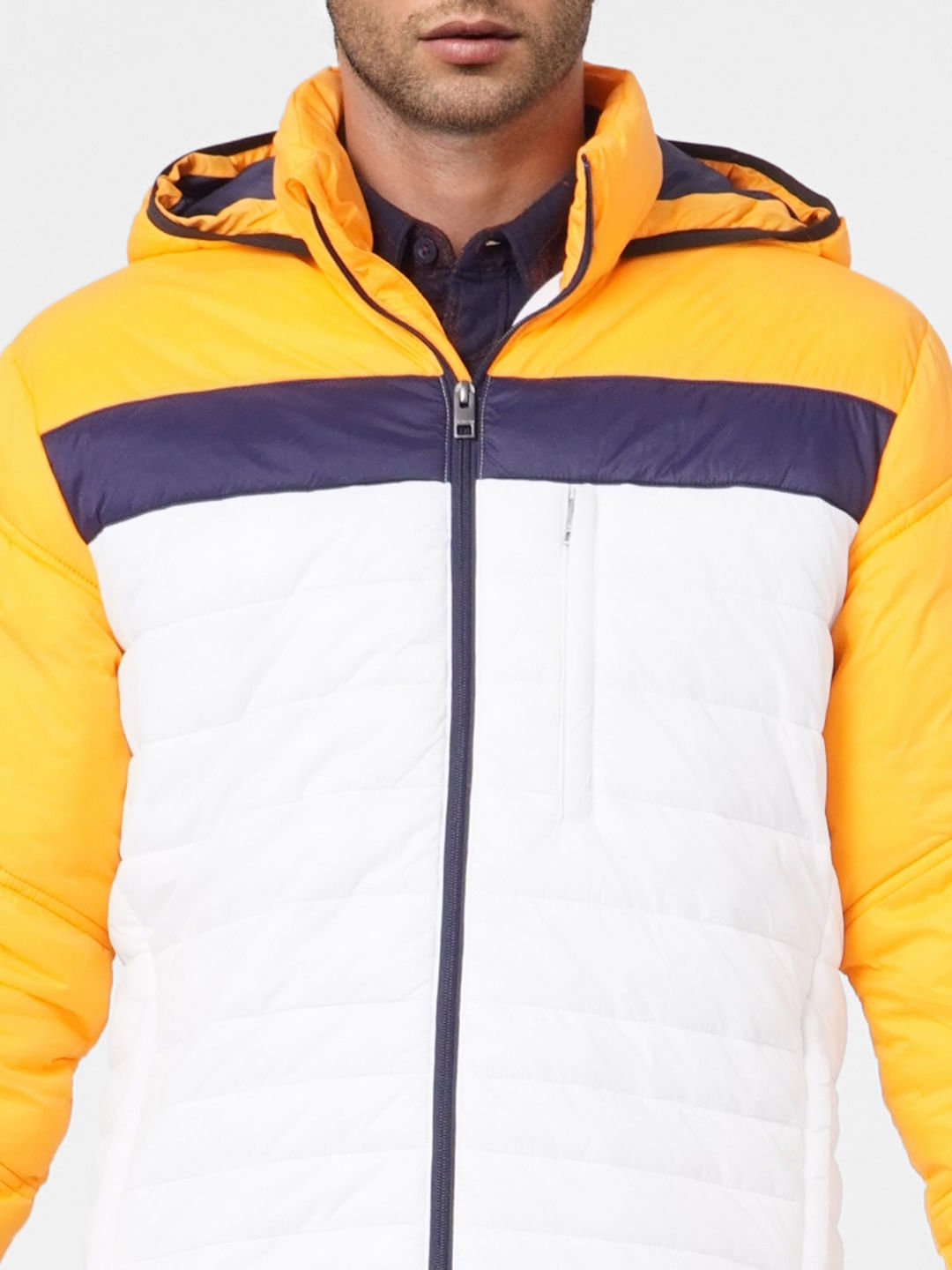 Orange Colourblocked Hooded Puffer Jacket