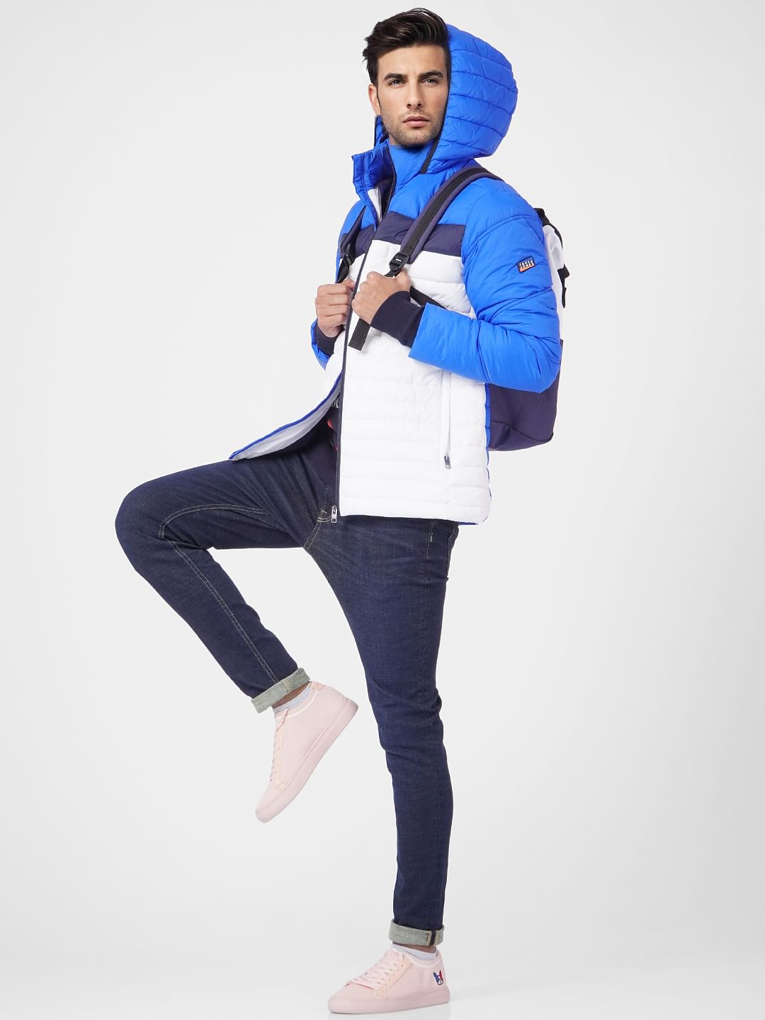 Blue Colourblocked Hooded Puffer Jacket - S