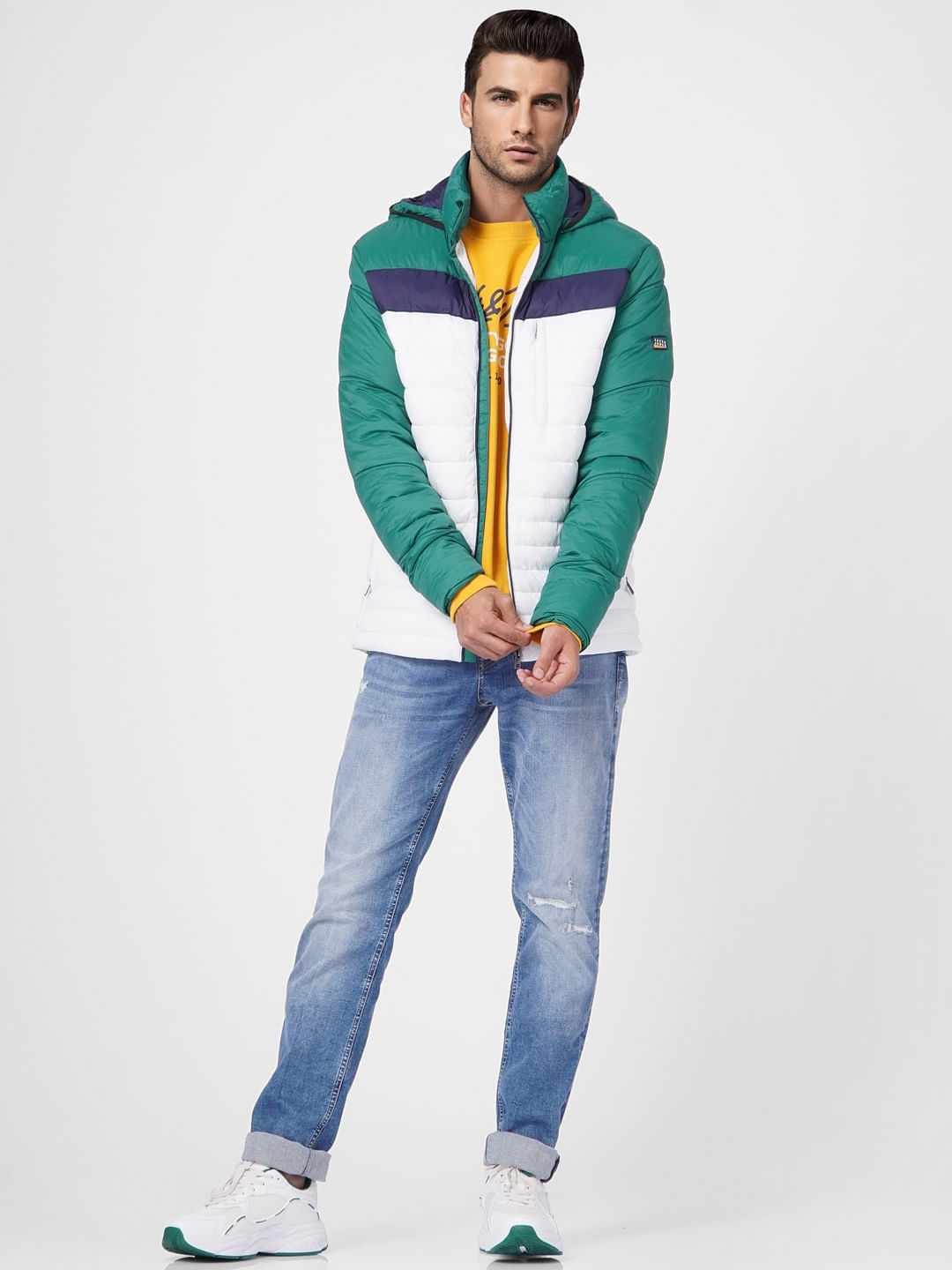 Green Colourblocked Hooded Puffer Jacket - S