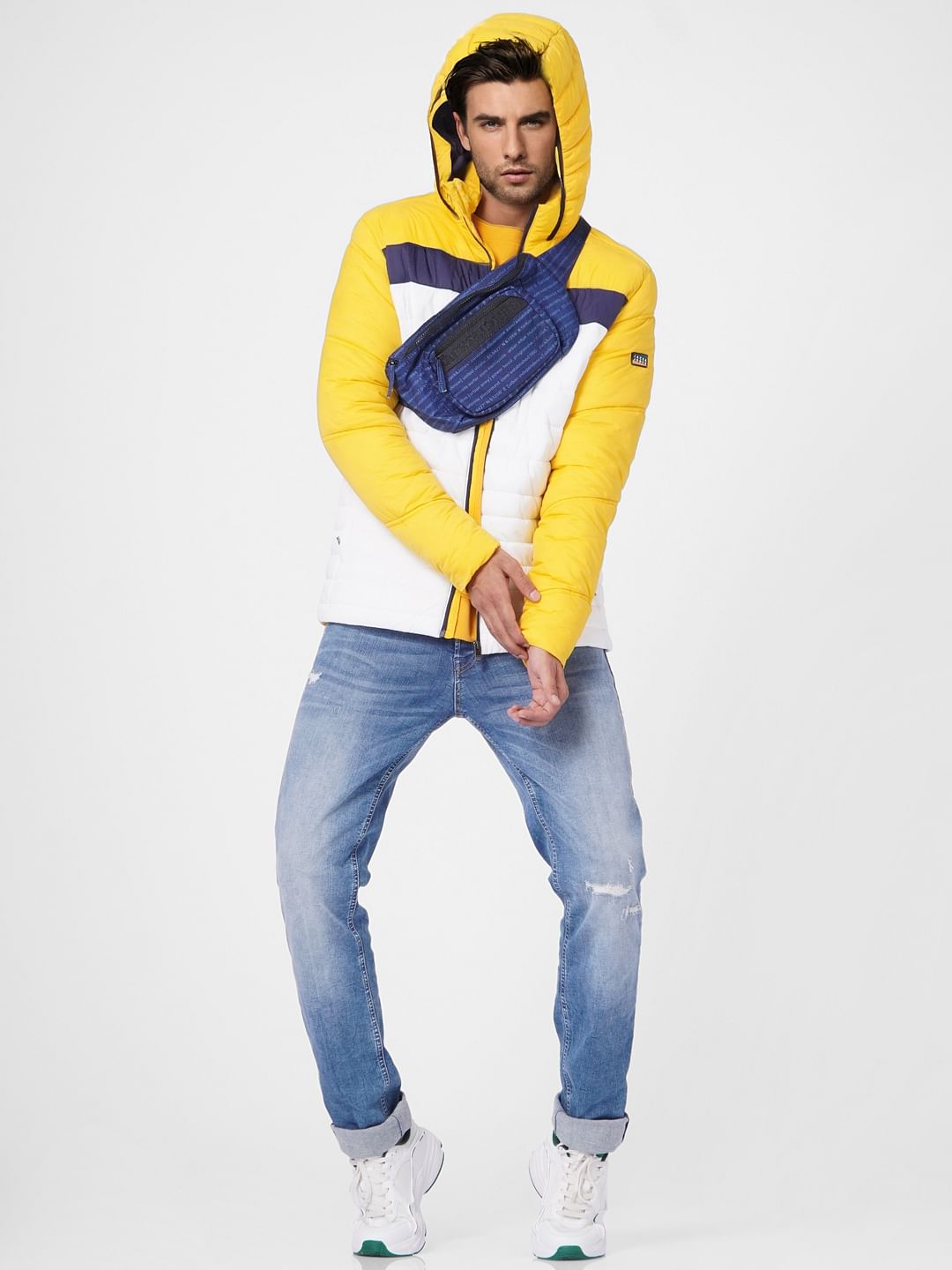 Yellow Colourblocked Hooded Puffer Jacket - S