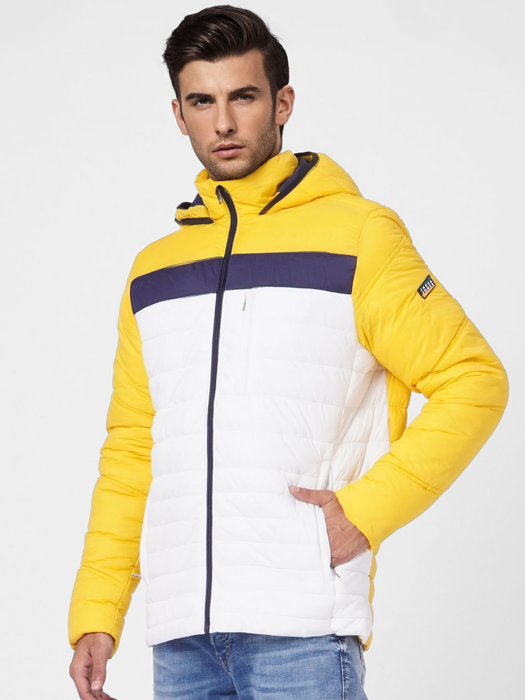 Yellow Colourblocked Hooded Puffer Jacket