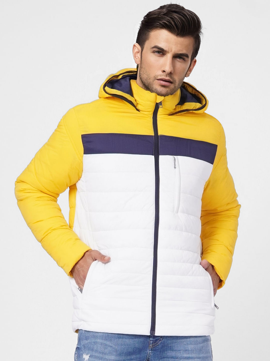 Yellow Colourblocked Hooded Puffer Jacket