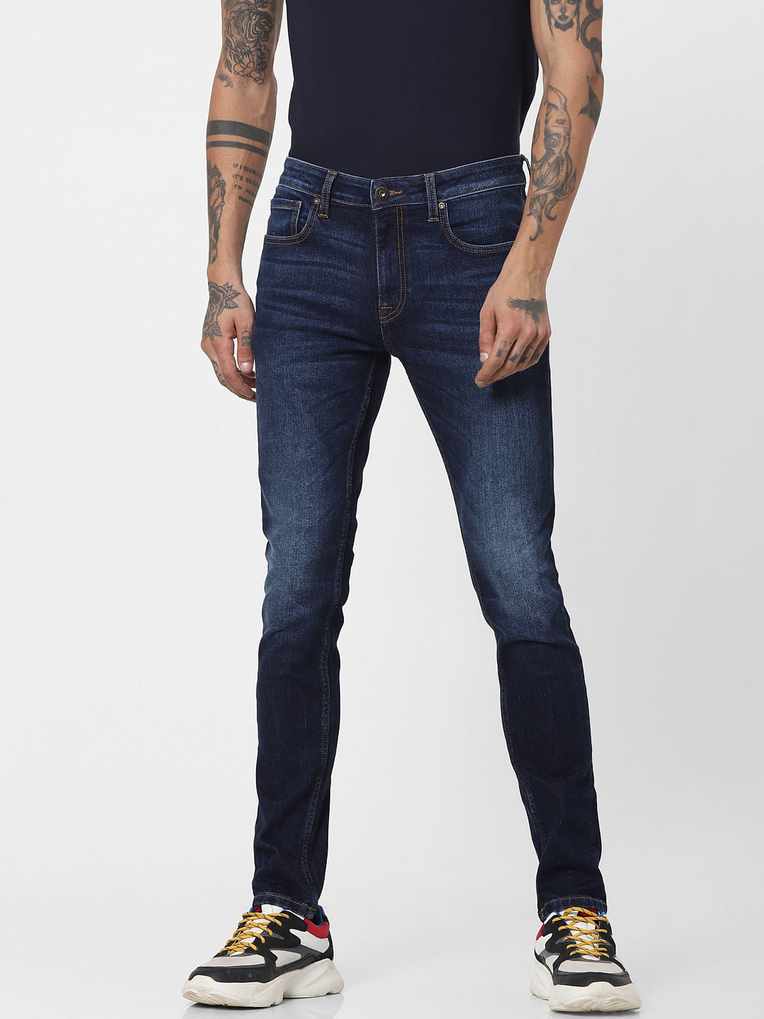 Blue Mid Rise Washed Skinny Jeans