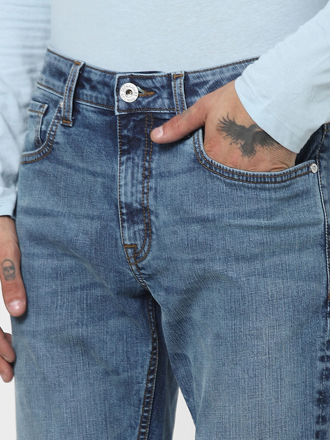 Light Blue Mid Rise Retro Washed Skinny Jeans