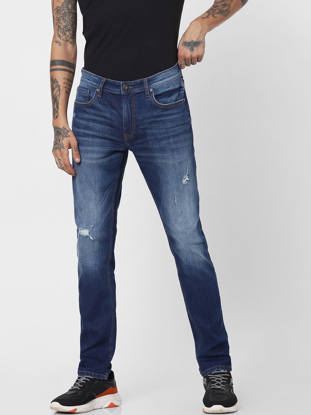 Blue Mid Rise Ripped Slim Jeans