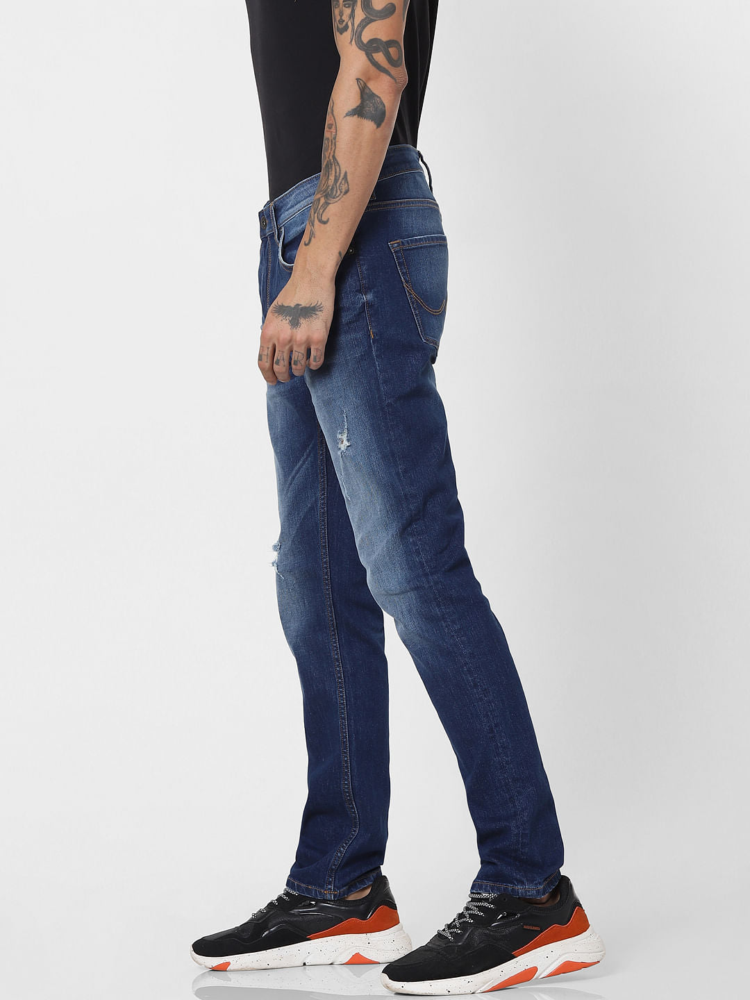 Blue Mid Rise Ripped Slim Jeans