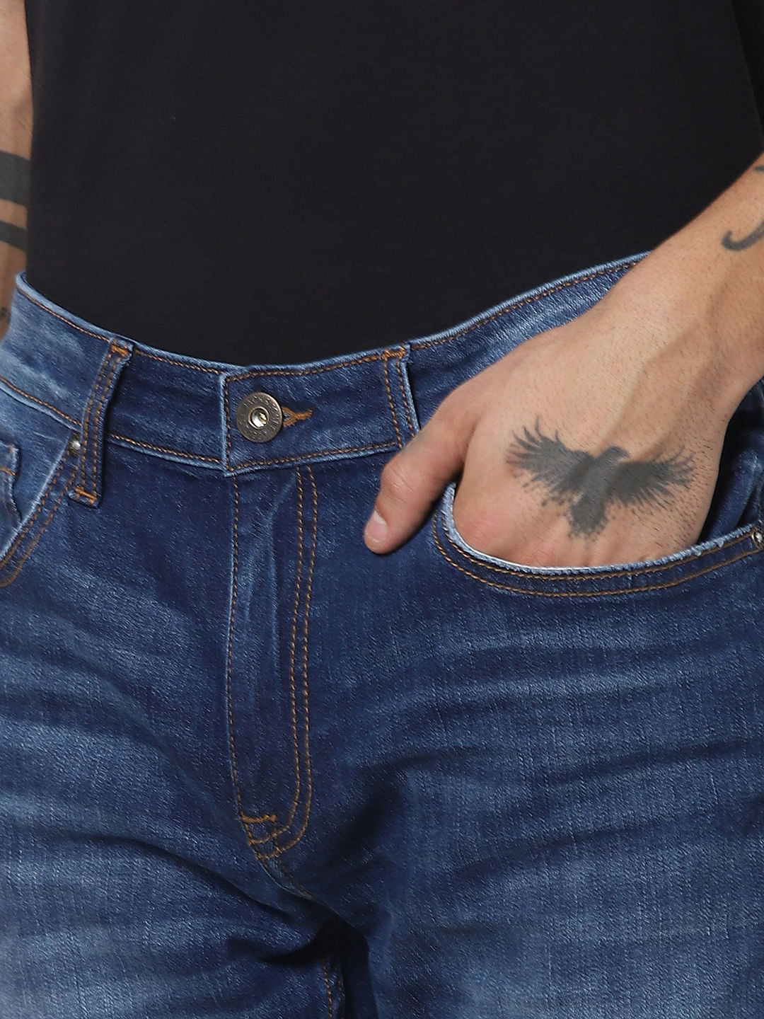 Blue Mid Rise Ripped Slim Jeans