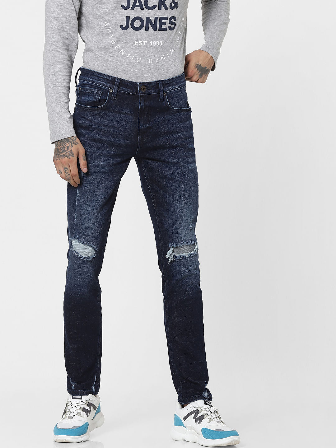 Blue Mid Rise Ripped Slim Jeans