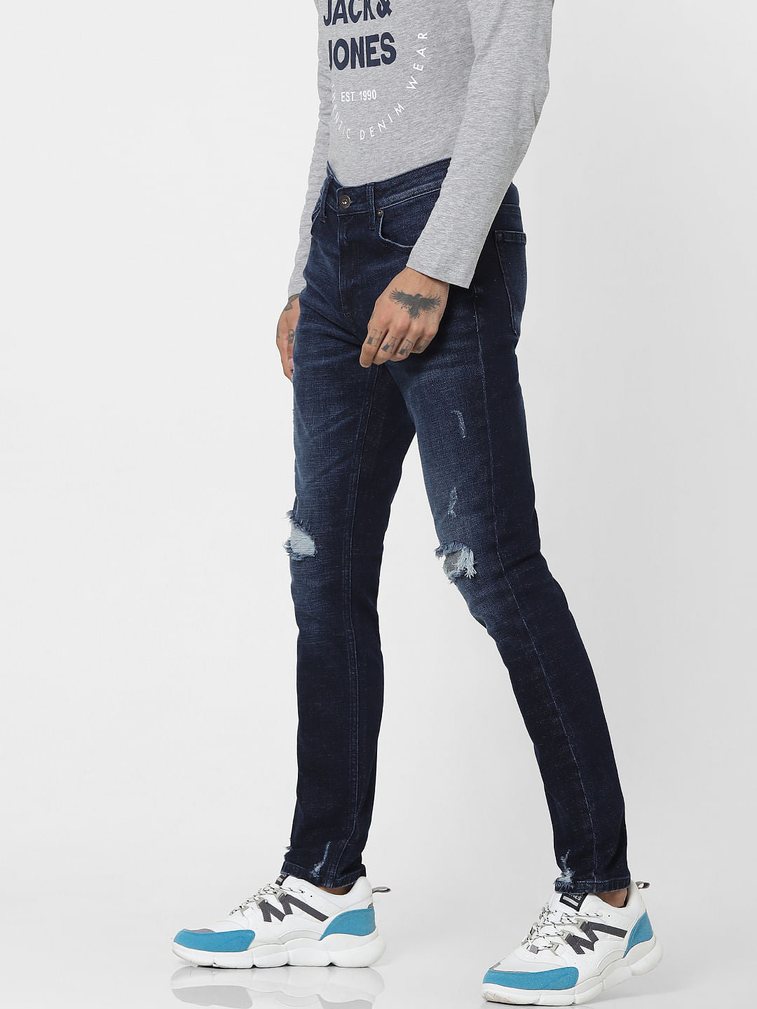Blue Mid Rise Ripped Slim Jeans