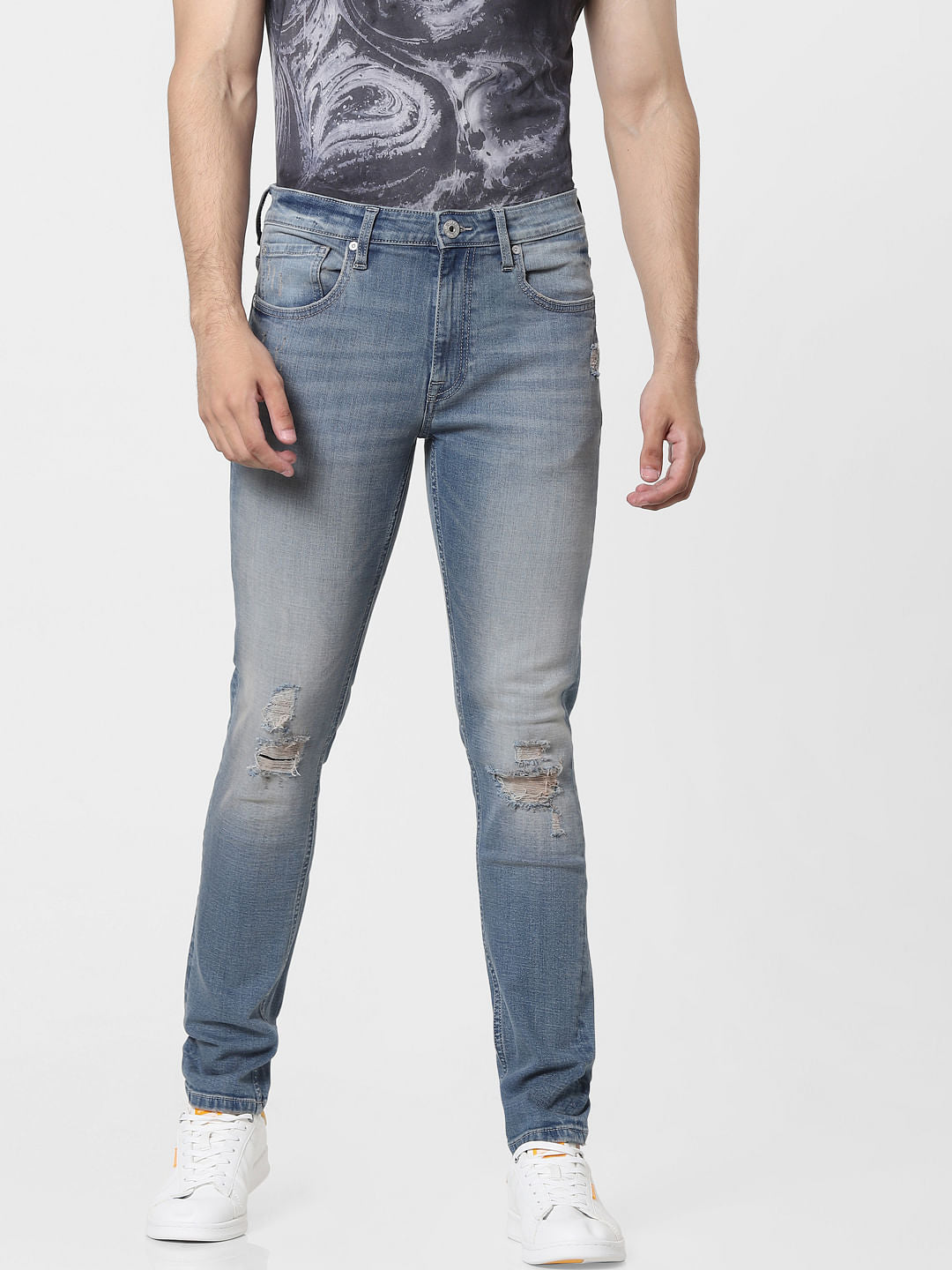 Blue Mid Rise Washed Skinny Jeans