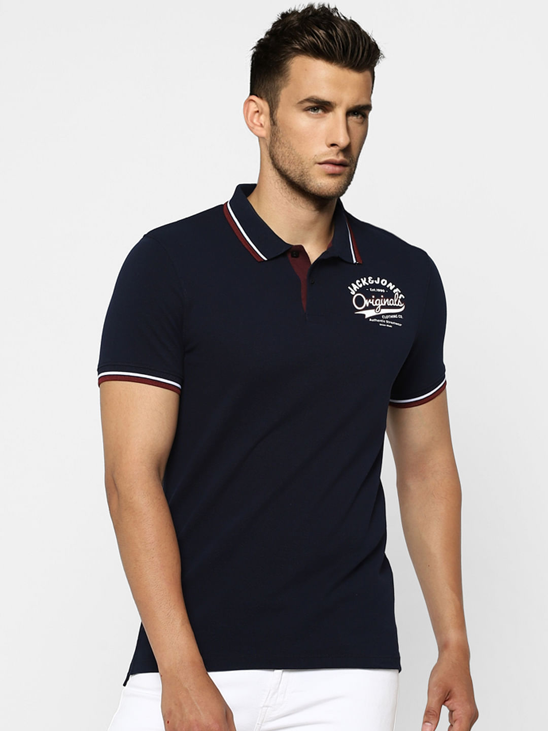 Blue Contrast Tipping Polo Neck T-shirt