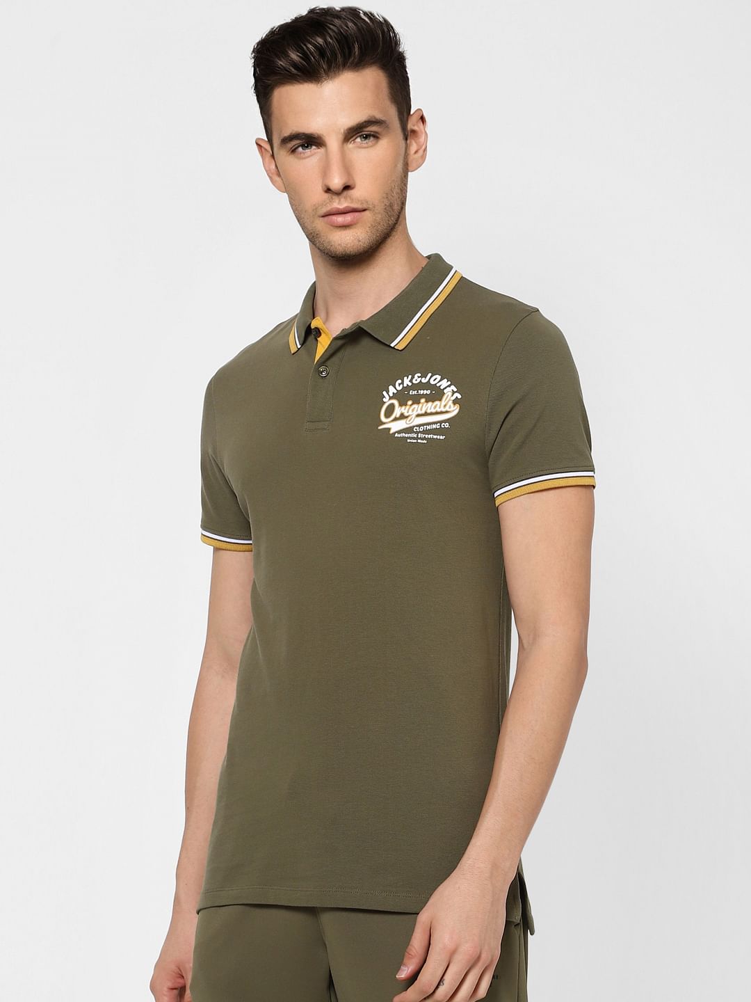 Green Contrast Tipping Polo Neck T-shirt