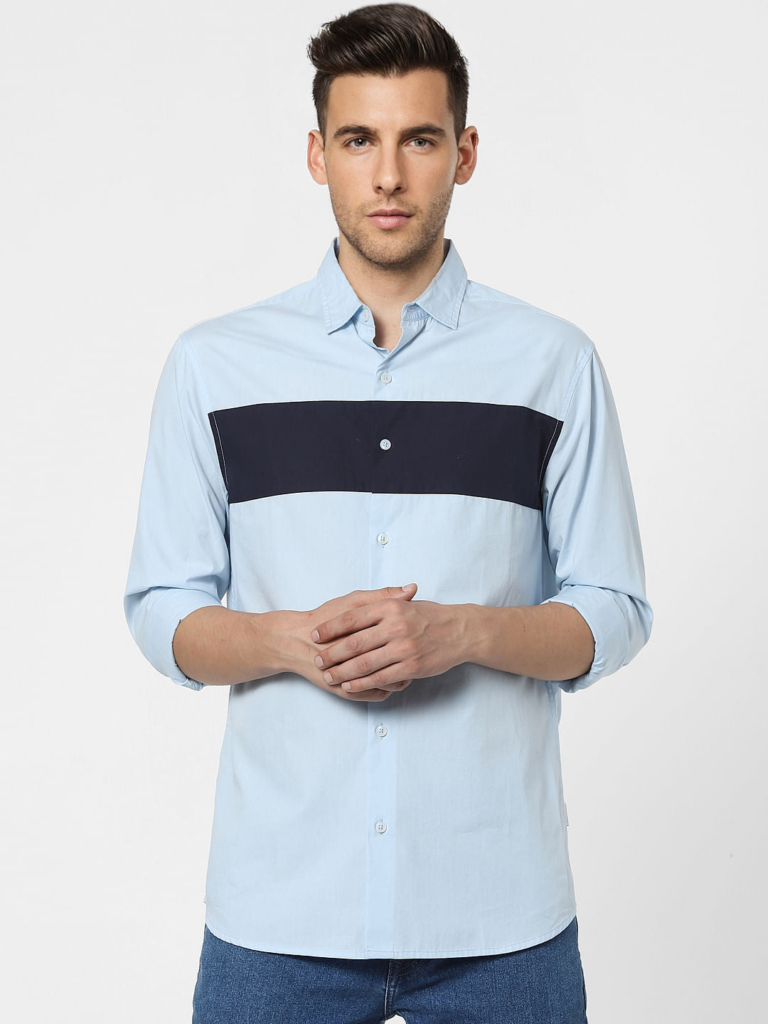 Blue Colourblocked Full Sleeves Shirt