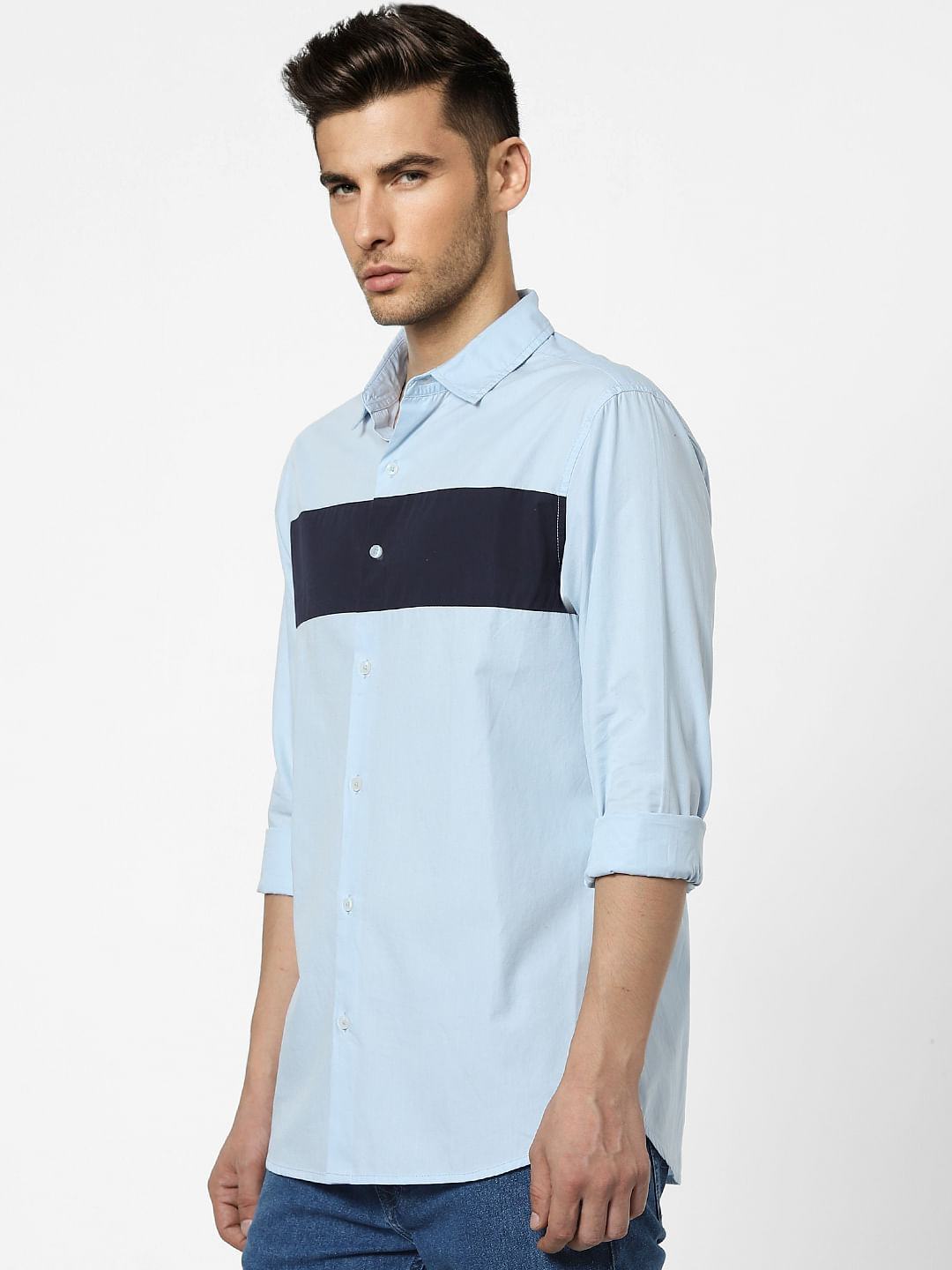 Blue Colourblocked Full Sleeves Shirt