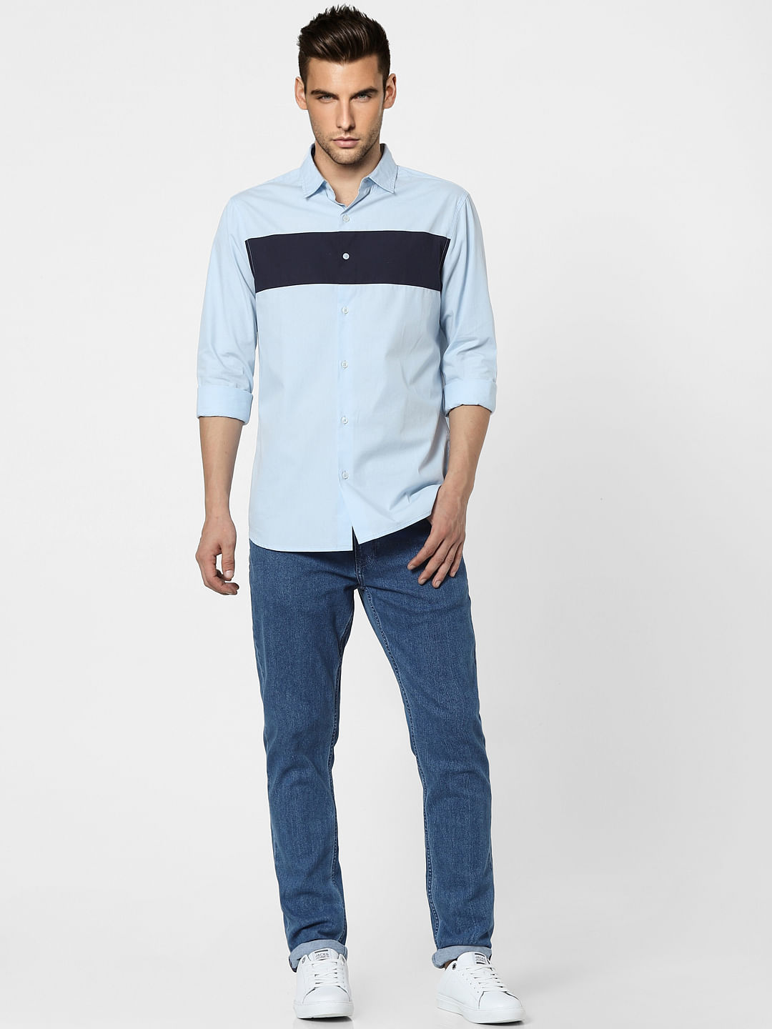 Blue Colourblocked Full Sleeves Shirt