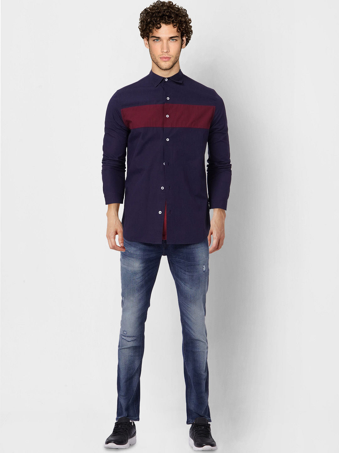 Blue Colourblocked Full Sleeves Shirt - S