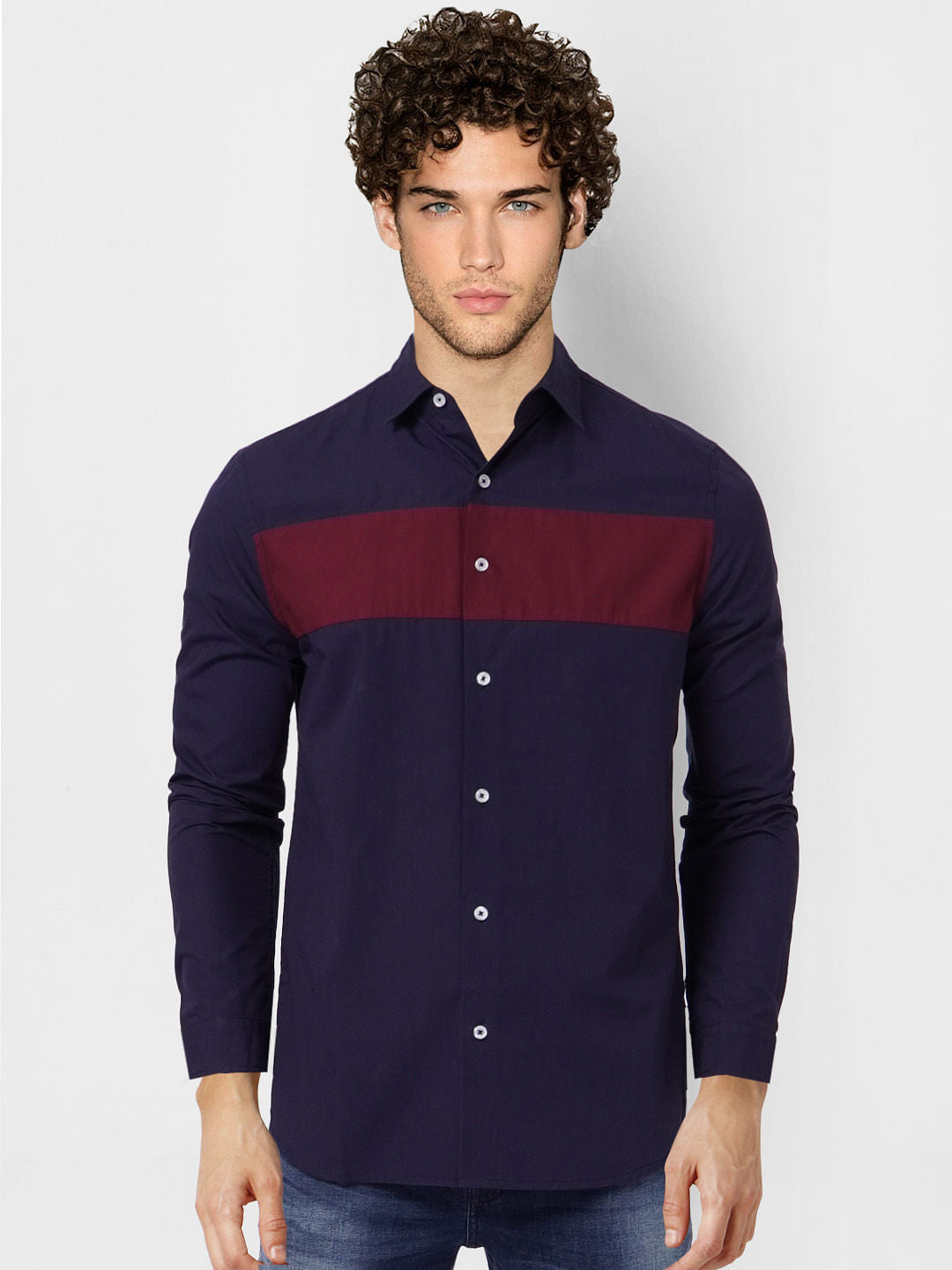 Blue Colourblocked Full Sleeves Shirt