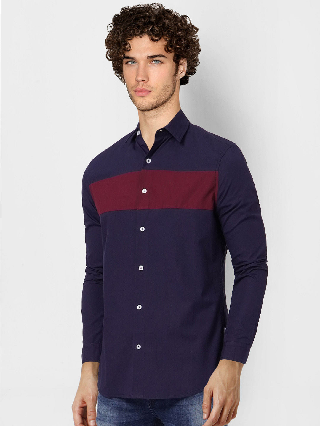 Blue Colourblocked Full Sleeves Shirt