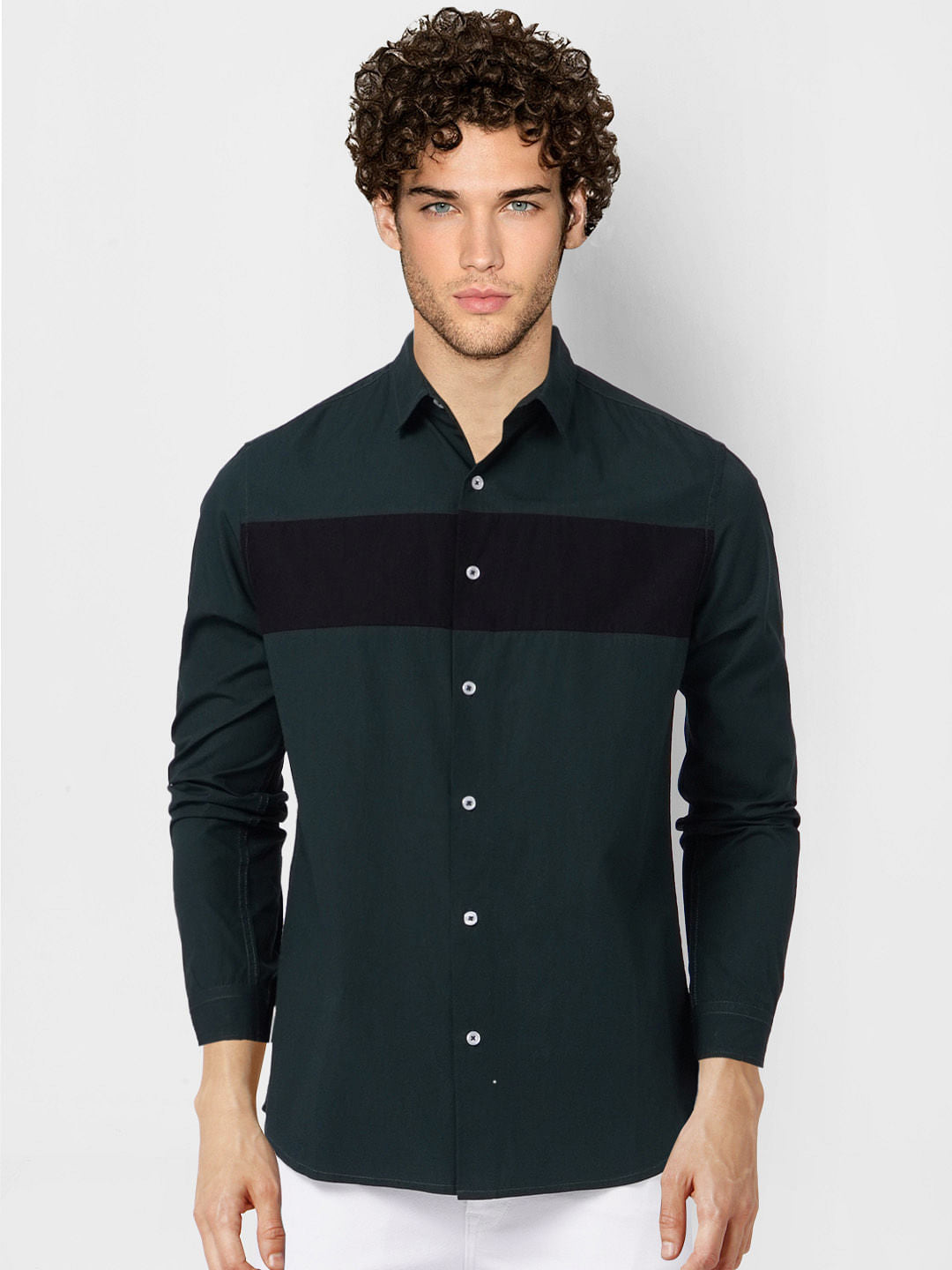 Green Colourblocked Full Sleeves Shirt