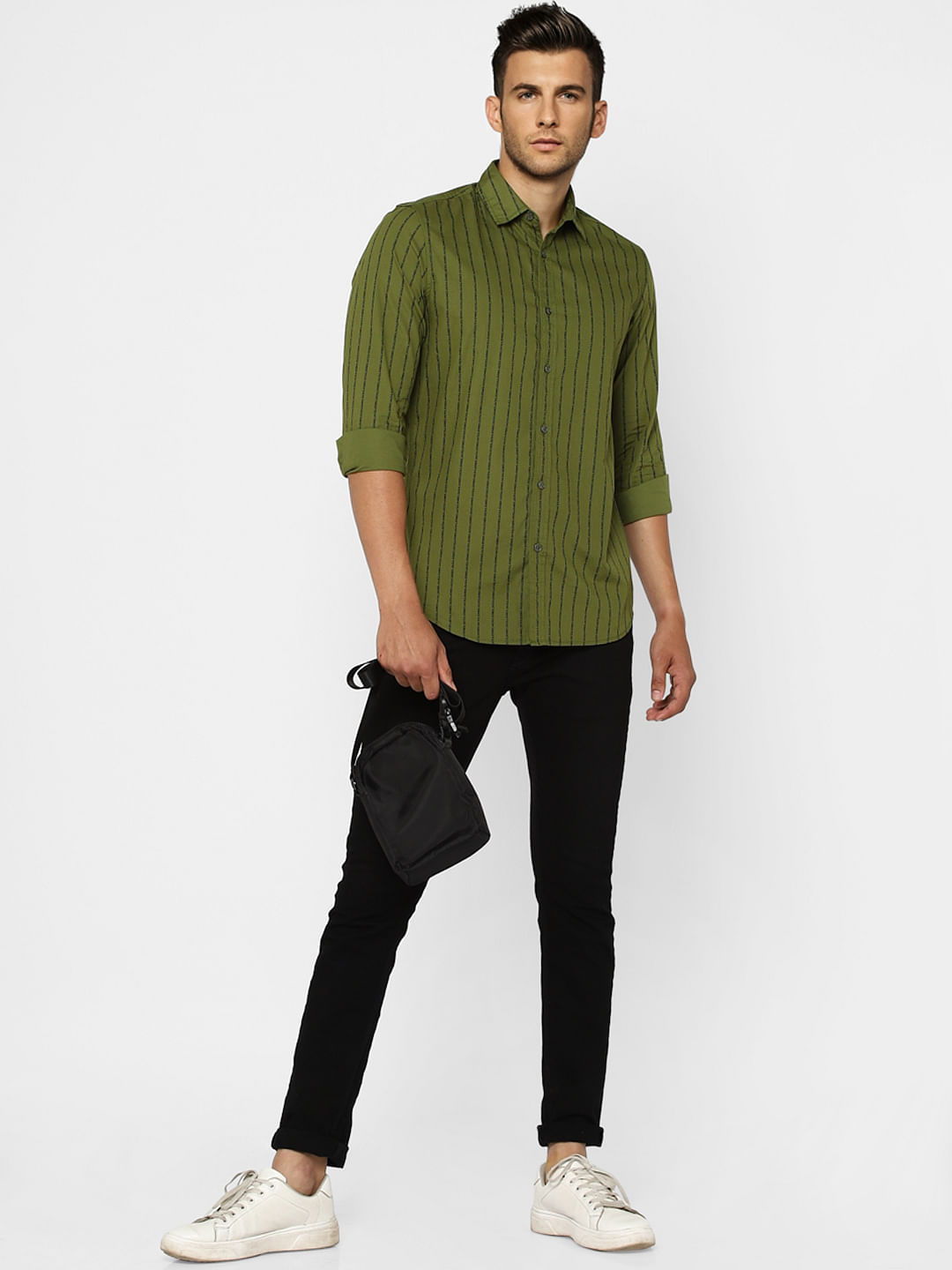 Green Striped Full Sleeves Shirt - S