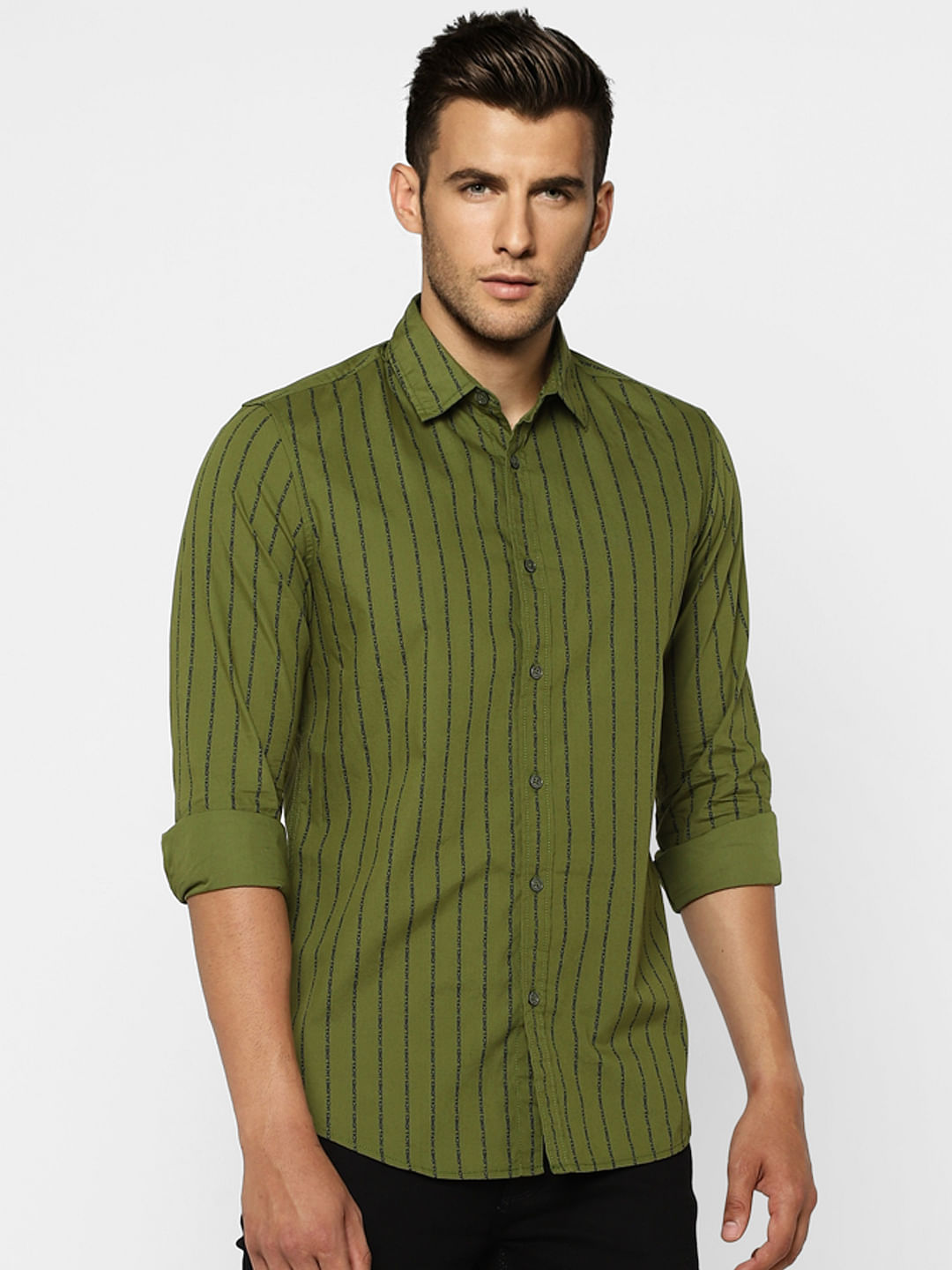 Green Striped Full Sleeves Shirt