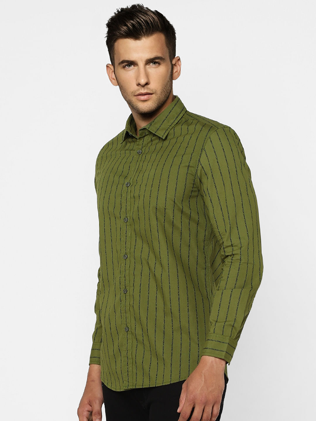 Green Striped Full Sleeves Shirt