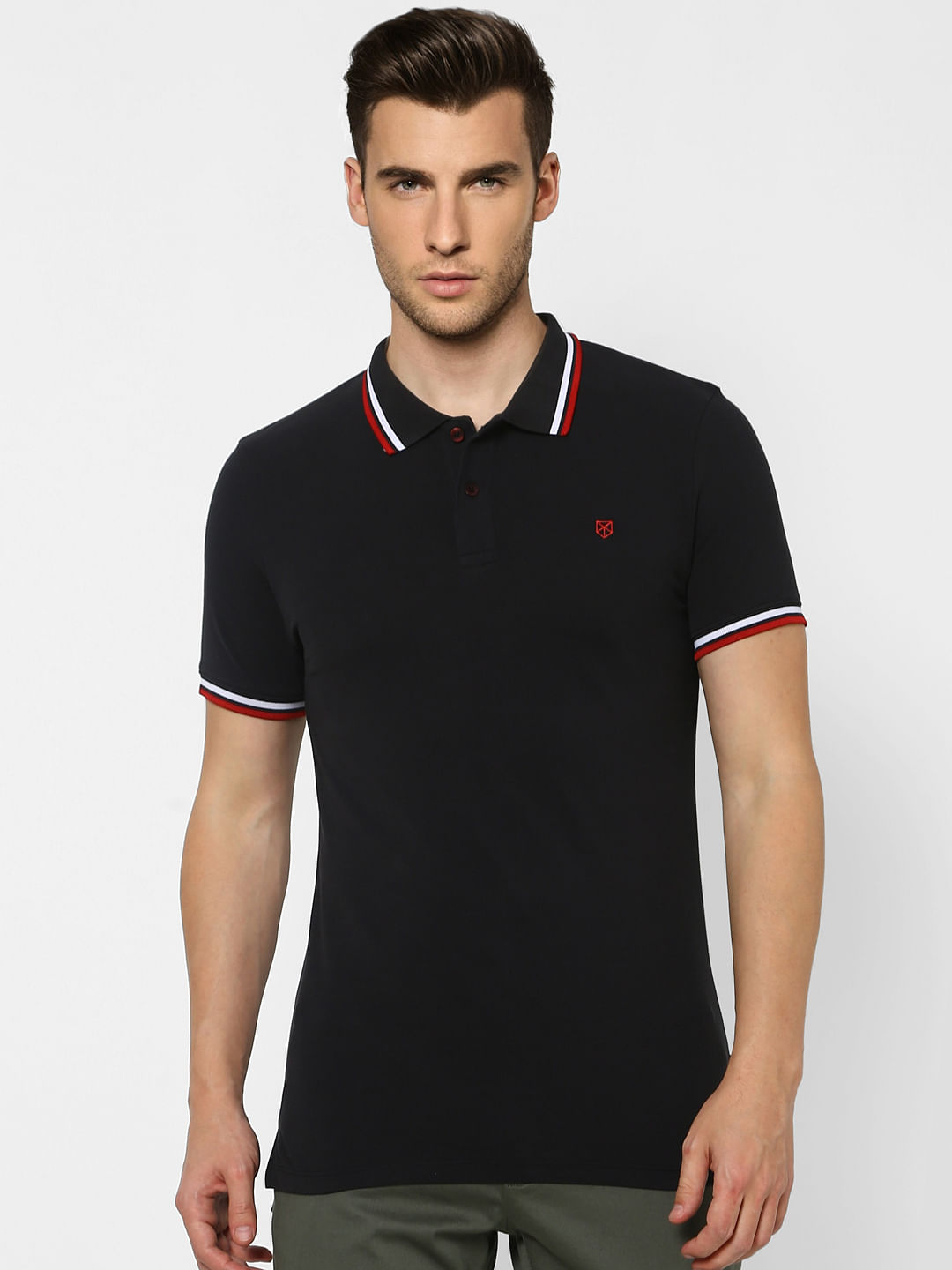 Black Contrast Tipping Polo Neck T-shirt