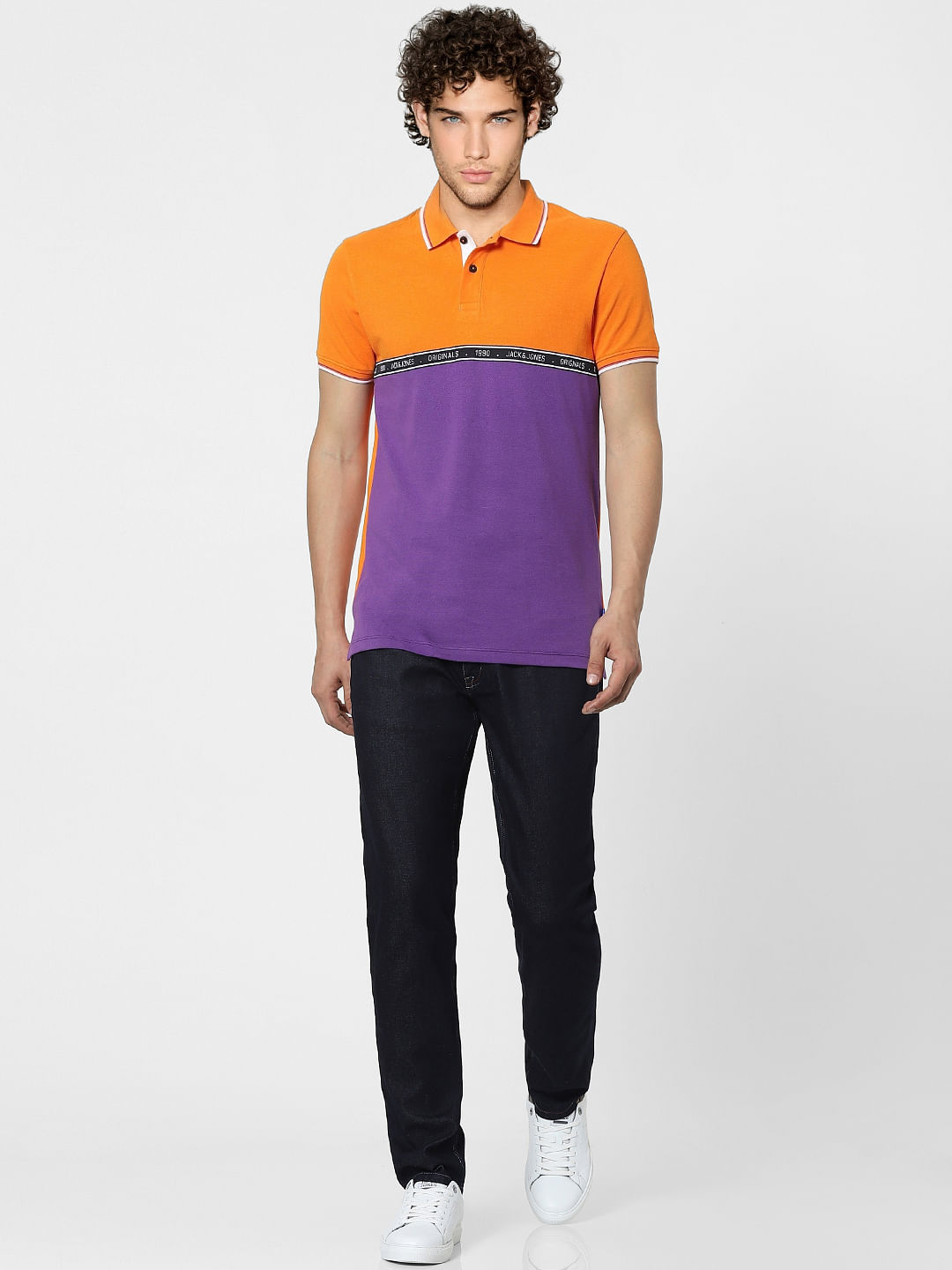 Orange Colourblocked Polo Neck T-shirt